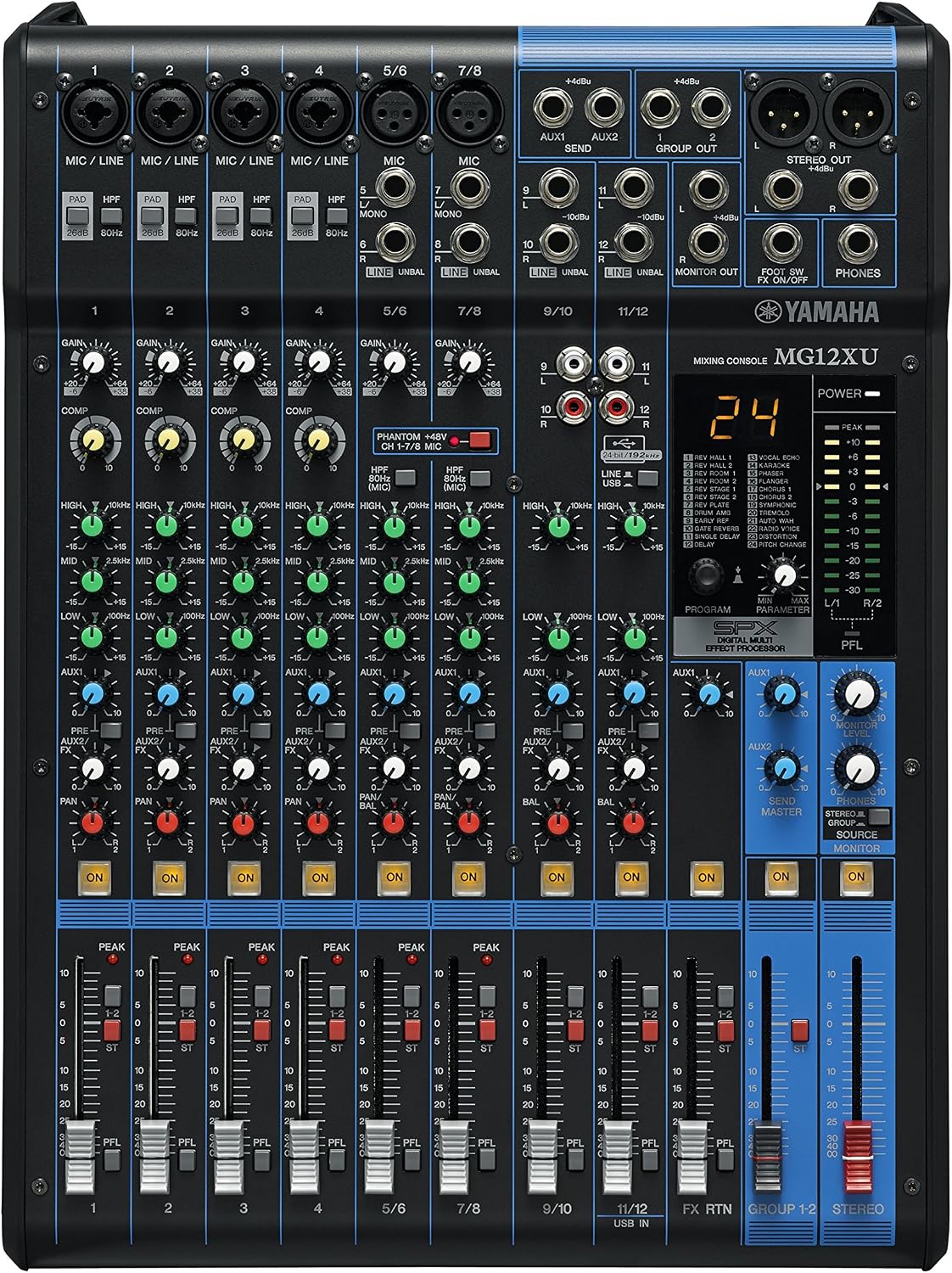 Yamaha MG12XU 12-Kanal-Mischpult für Live-Musik und Recording, USB 24 Bit/192 kHz, Phantomspeisung, Schwarz/Blau, Preamps, Effekte, – Kompaktes