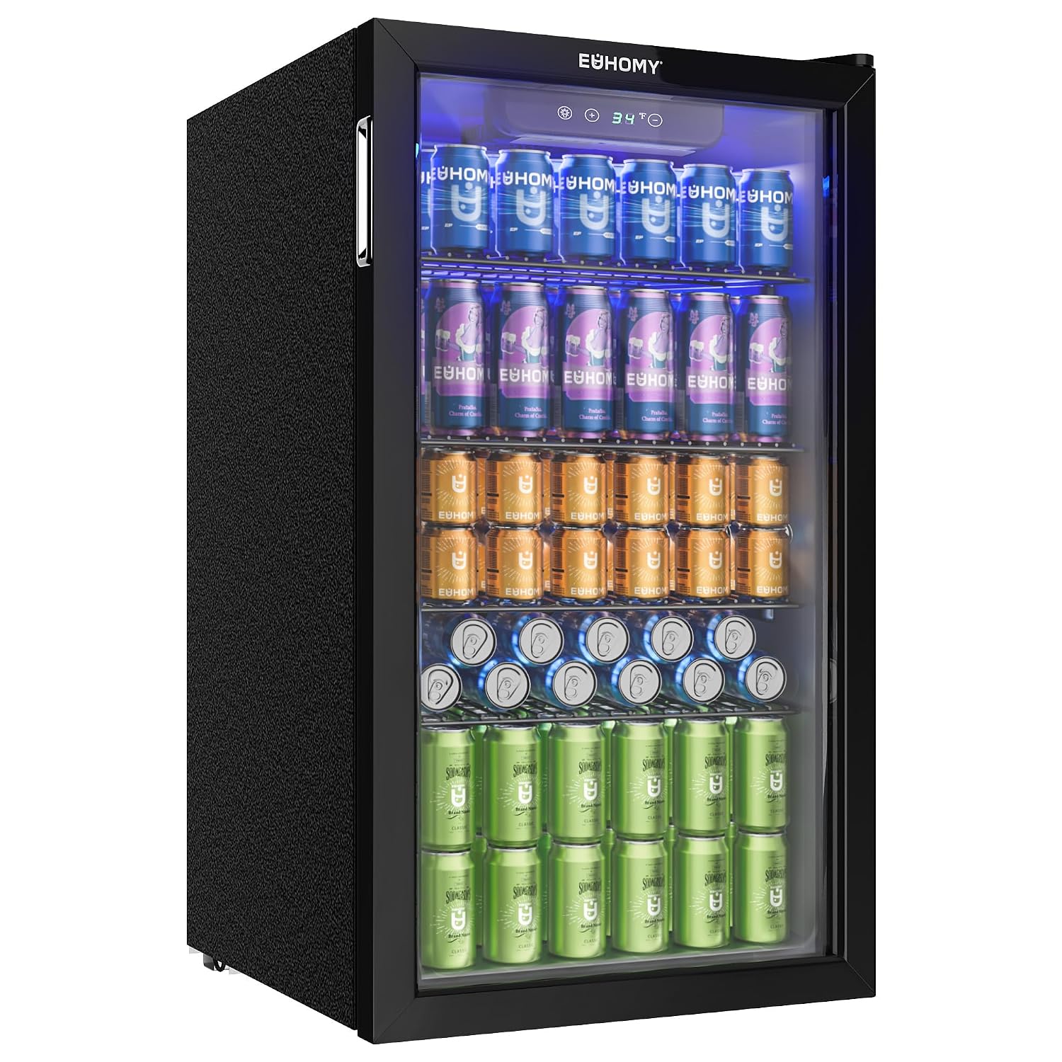 EUHOMY 90 l Getränkekühlschrank, Schwarz Edelstahl, Mini-Kühlschrank für 126 Dosen mit Glastür, Bier oder Wein, Für Zuhause/Bar/Büro