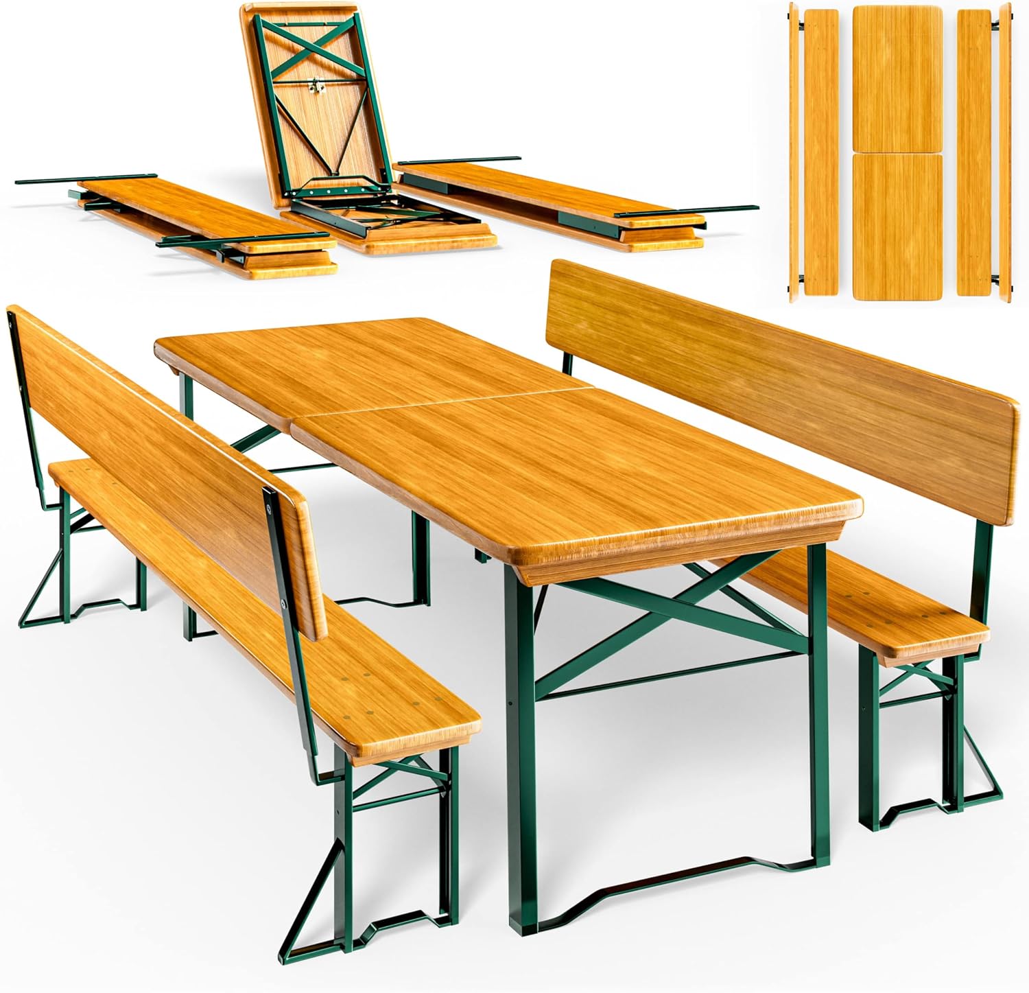 Casaria Tisch Bierzeltgarnitur mit Lehne 170 cm Klappbar Stabil 2X , Holz Bier, Holz/Grün, Stahl
