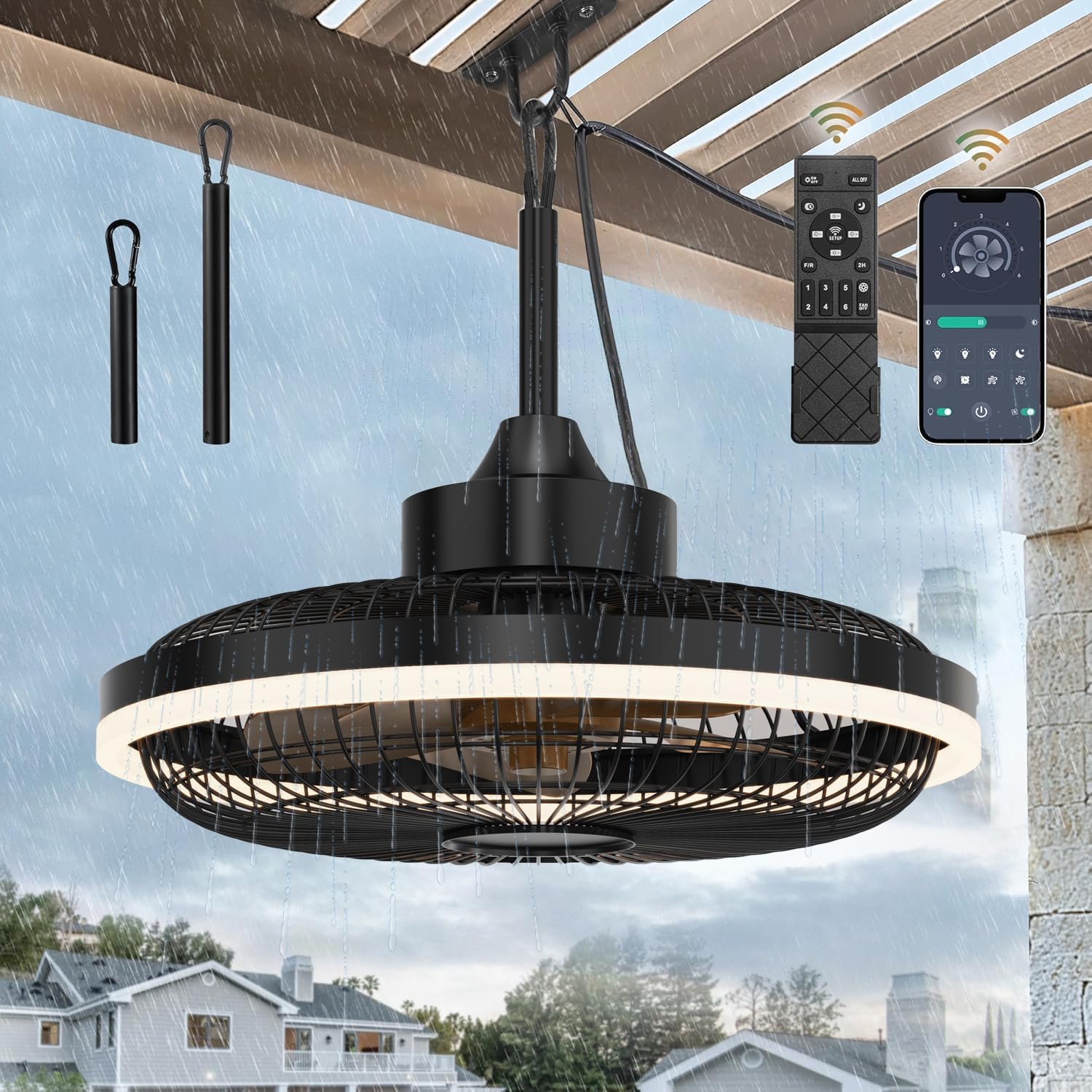 HUYOY LED Deckenventilator mit Beleuchtung, für außen IP65 Wasserdicht Outdoor Ventilator Deckenlampe, 10–100 % dimmbar, 500/6.000 K, Fernbedienung