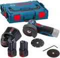 Bosch Professional 12 V System Akku Winkelschleifer GWS 12 V-76, Inkl. 2 × 3.0 Ah Akku, L-BOXX2, Schnellladegerät GAL 1230 CV, 1x Carbide Multi Wheel