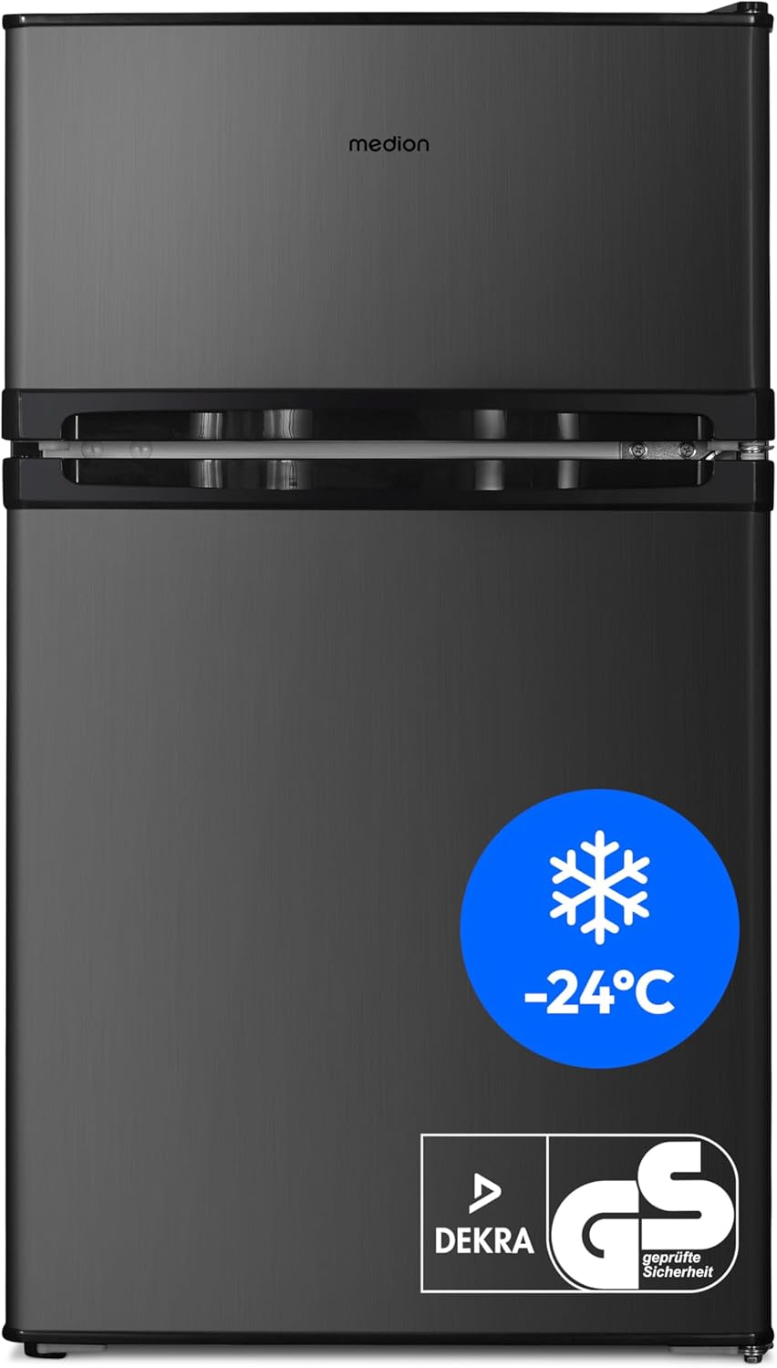 MEDION Mini Kühl-Gefrierkombination, 61 l Kühlteil, 24 l Gefrierteil, 40 dB, Grau, 85 Liter, Freistehend, Transparente Gemüseschublade, MD 37689