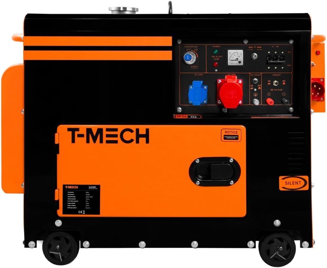 T-Mech Leiser Dieselgenerator Stromgenerator, 4 tragbare Räder, 6, 5 kVA, 6500 W, 13 PS, 230 V, 400 V, 20 l, 6.500 W, Elektrostart, Notfallstrom