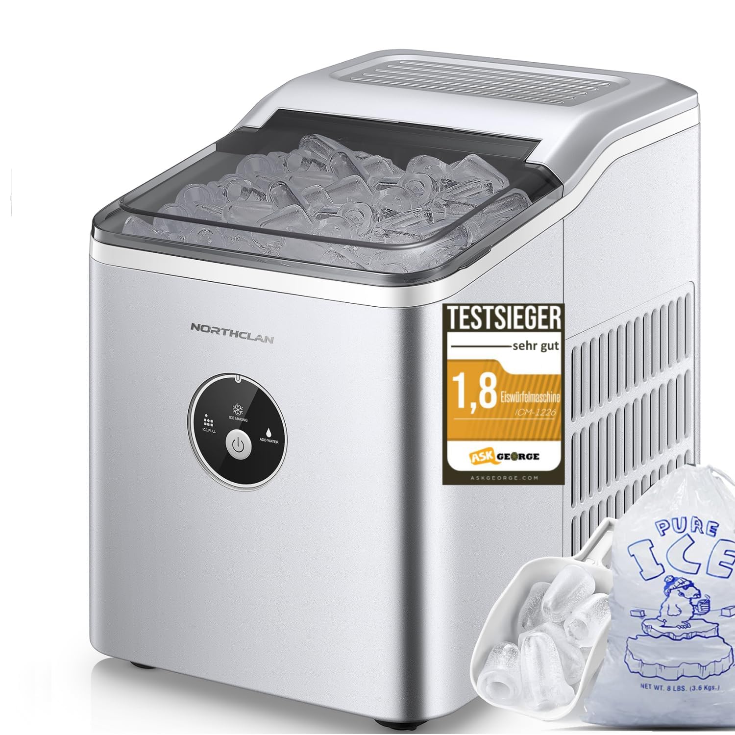 NORTHCLAN Eiswürfelmaschine Testsieger 2025, 14 kg 24 Stunden, 9 Eiswürfel in 6-8 Minuten, Eiswürfelbereiter Klein für Zuhause, Büro, Silber
