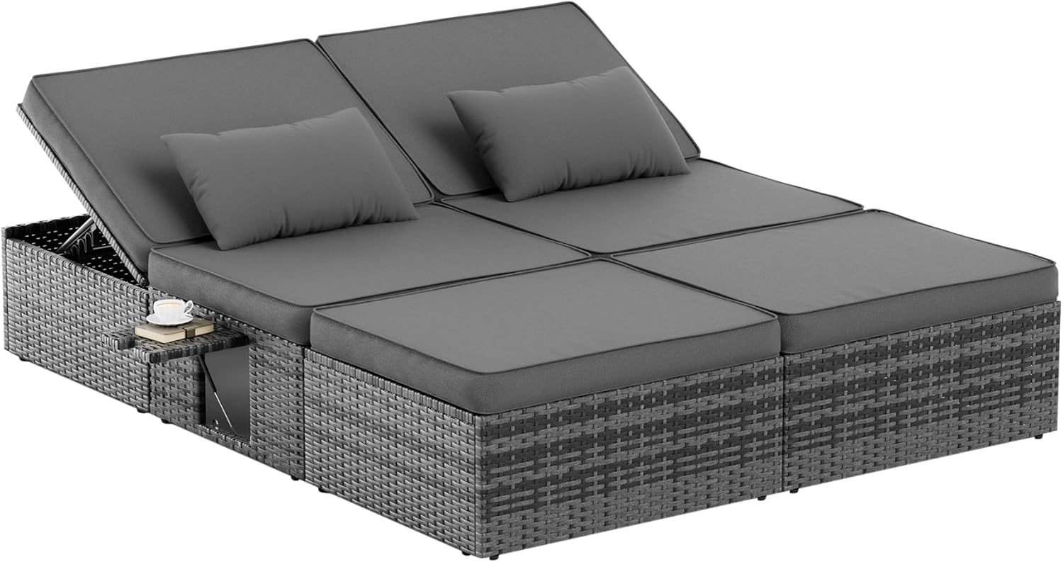 Amopatio Sonnenliege 2 Personen mit Klapptisch, XXL Wetterfest Gartenliege 200 kg Belastbar, Balkon & Terrasse, Grey