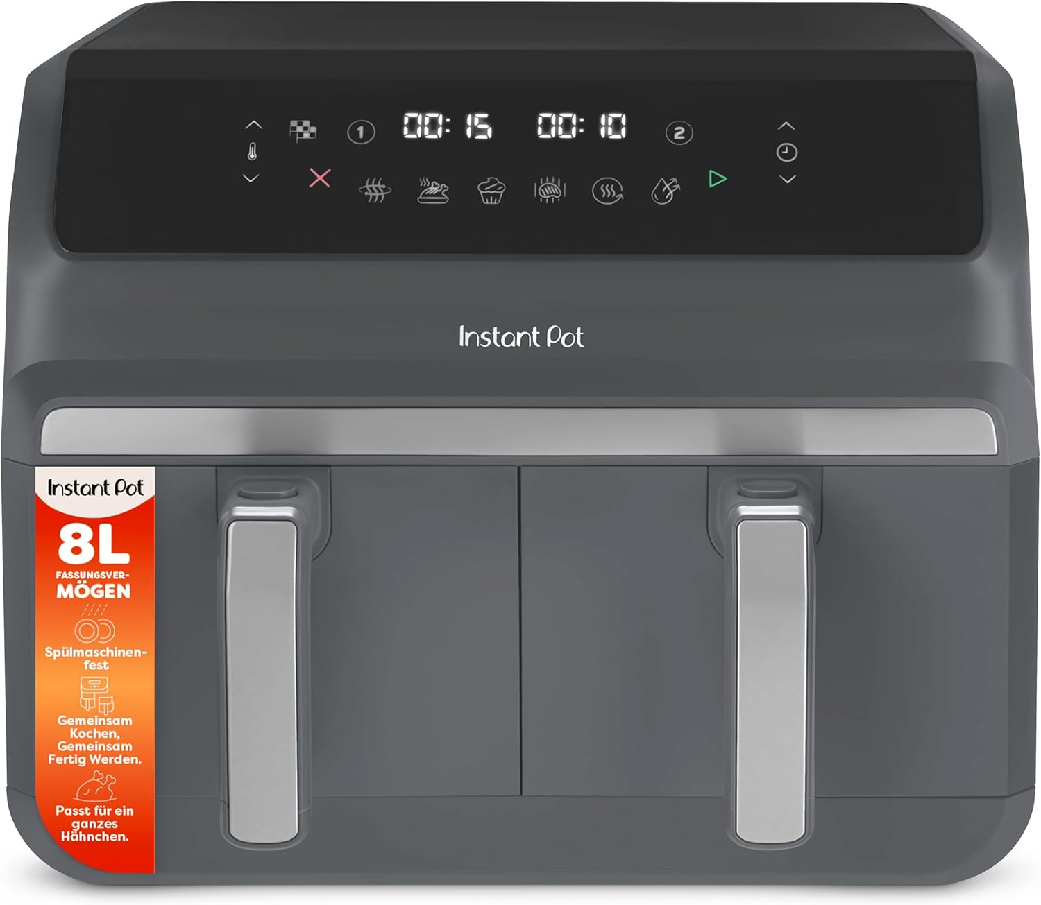 Instant Pot, 8 l, Vortex Dual Trüffelgrau-Heißluftfritteuse, Groß, Zweifach, Doppelte 4-l-Körbe, 8 in 1, Antihaftbeschichtung, Spülmaschinenfest