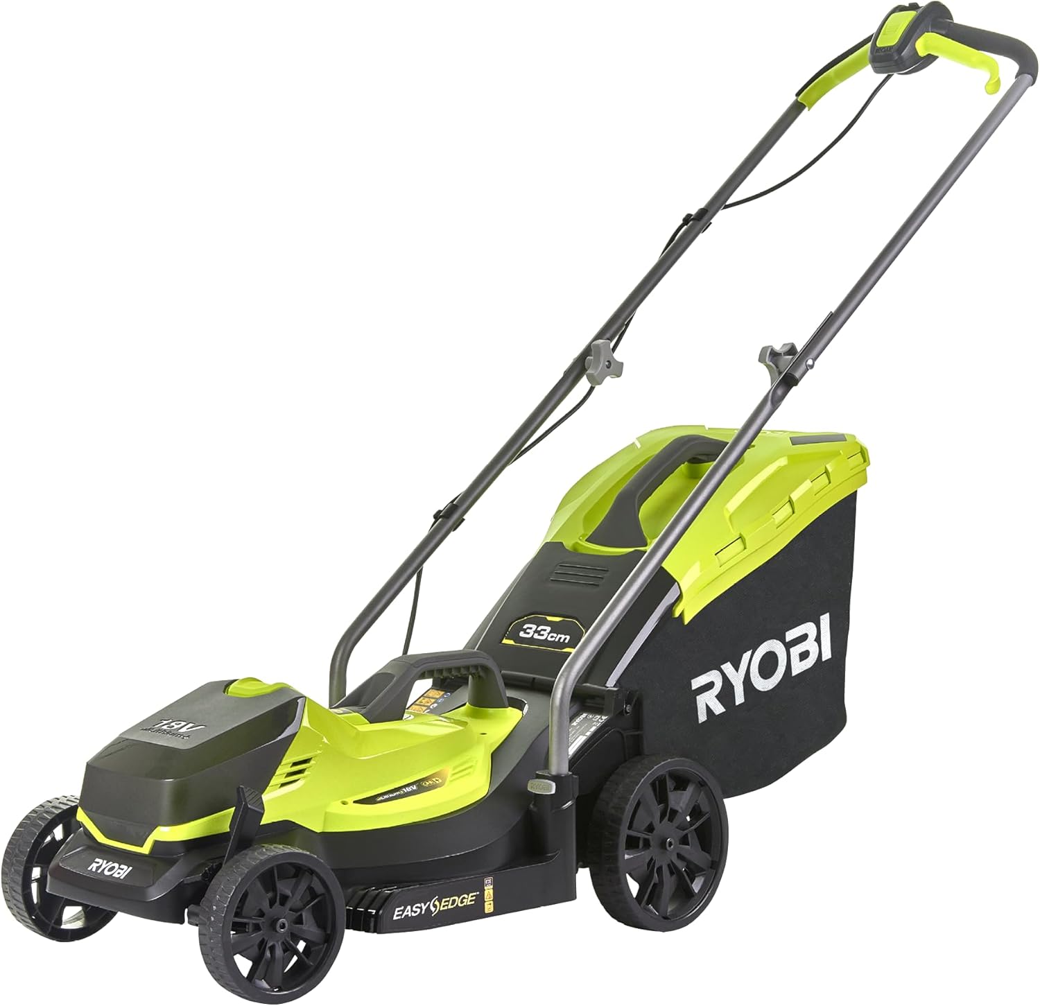 RYOBI ONE+ OLM1833B Akku-Rasenmäher für kleine bis mittlere Flächen, 33 cm Schnittbreite, 18 V, 25–65 mm, Grün/Schwarz, EasyEdge, ohne Akku