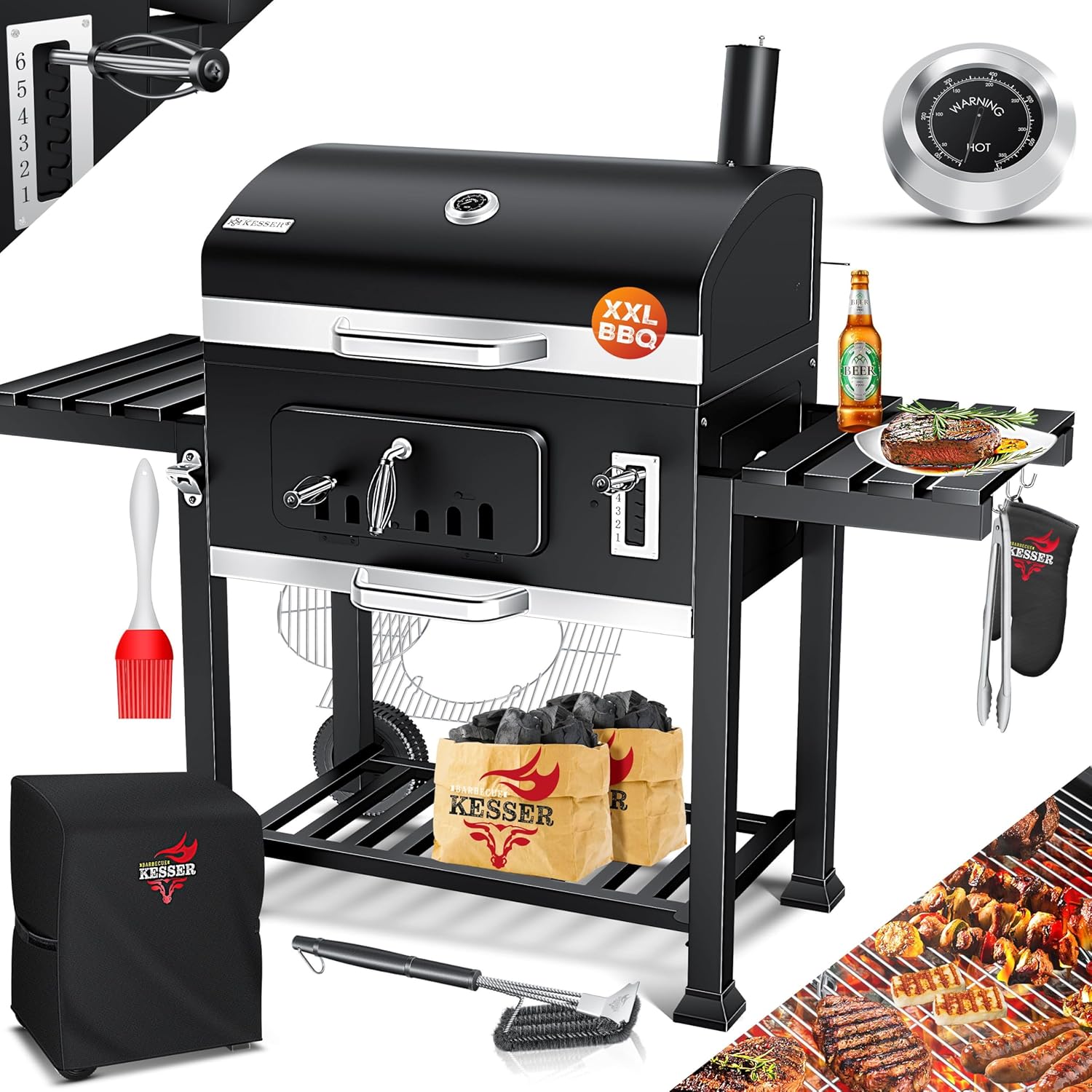 KESSER Holzkohlegrill XXL Grillwagen Set mit Deckel & Thermometer, Warmhalterost & Ablage inkl. Haube, Großer BBQ Kohlegrill Wagen, Mit Grillrost