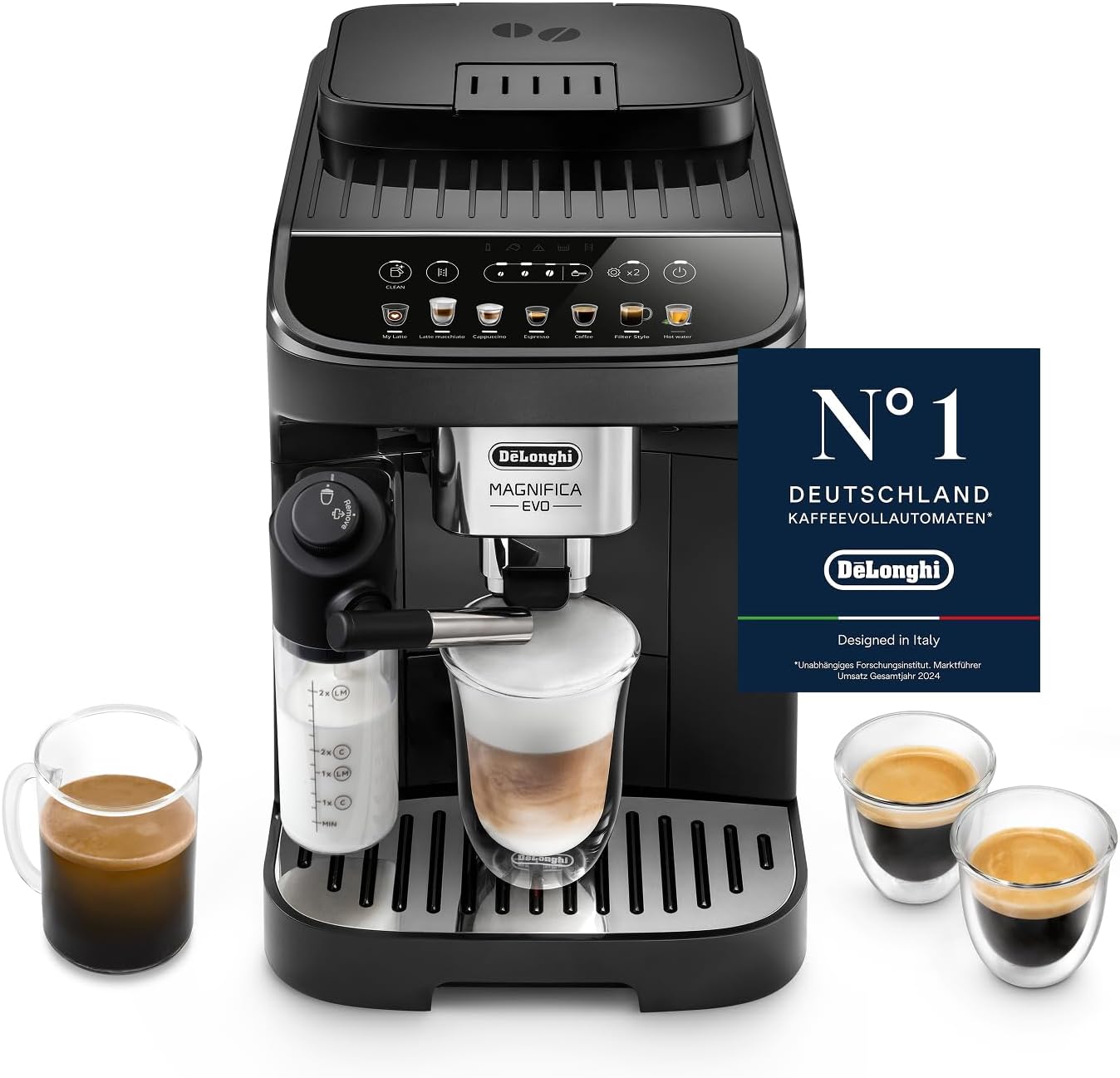 De'Longhi Magnifica Evo, ECAM292.81.B, Schwarz, Perfetto Kaffeevollautomat mit LatteCrema-Milchaufschäumer, 7 One-Touch-Getränke, Cappuccino