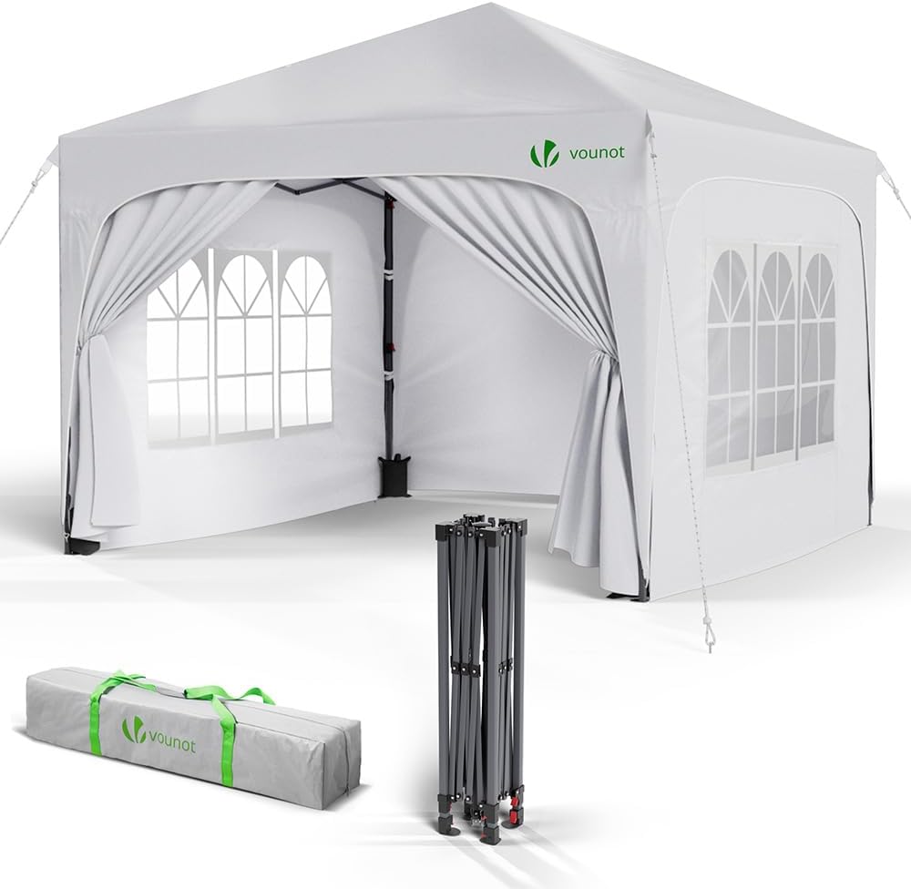 VOUNOT Pavillon 3 × 3 m mit 4 Seitenteilen & 4 Sandsäcke, Inkl. Tasche, Wasserdicht, Faltbar Gartenzelt Partyzelt, Pop Up Faltpavillon, Weiß