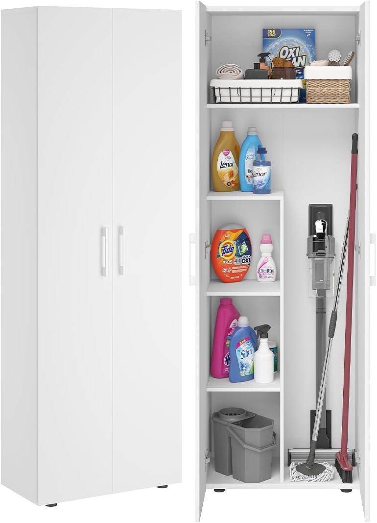 Bellamio Apol Besenschrank, Allzweckschrank 176 × 33 × 60 cm, Mehrzweckschrank in Weiß, Vorratsschrank mit Staubsaugerfach, Putzschrank aus Holz