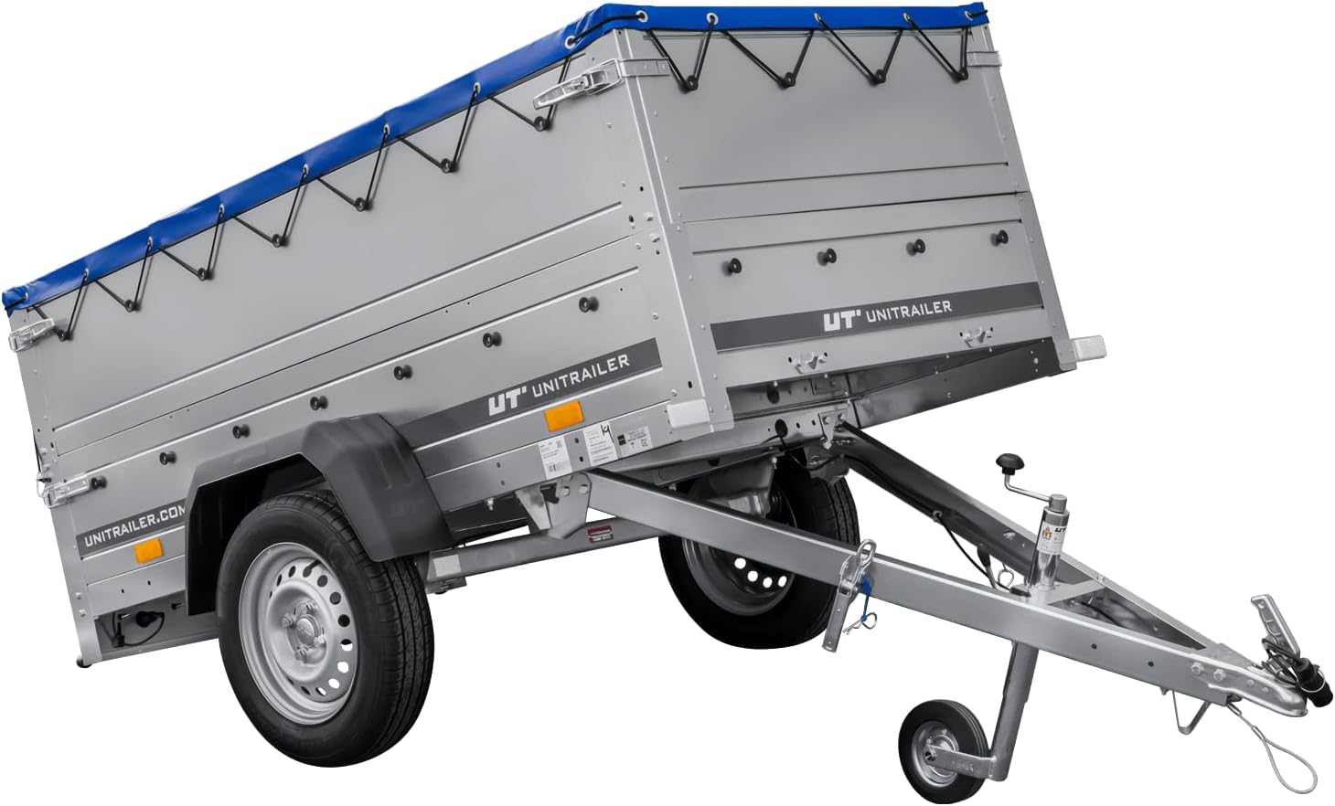 UNITRAILER Gartenanhänger 200 Kipp Stützrad Handwag, Zwei Seitenwänden, Rahmen und Blauer Plane, Silber/Blau