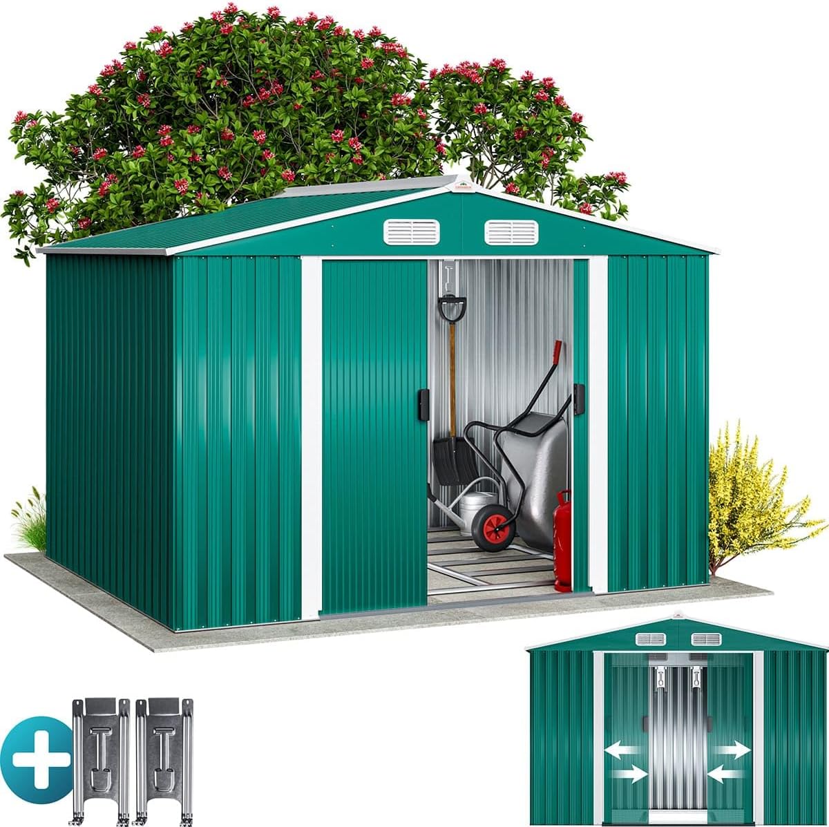GARDEBRUK XXL Metall Gerätehaus 5m2 mit Fundament 260 × 205 × 180 cm Schiebetür Grün Geräteschuppen Gartenhaus 9m3