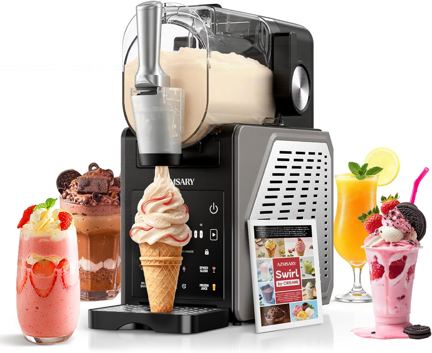 Azmsary Slush Maschine 2, 5 Eismaschine, 6 voreingestellten Programmen für Eiscreme, 6 Programme für Slush, Selbstreinigung, Schnellgefrieren