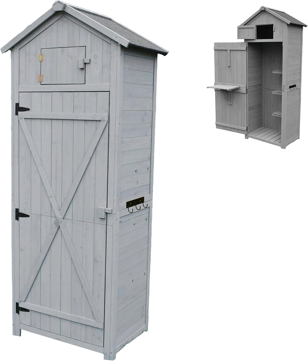 Relaxdays Gartenschrank, HBT: 180,5 × 75 × 50 cm, Grau, Holz, Wetterfestes Dach, 3 Ablagen, Klappbarer Tisch, Holzhaus
