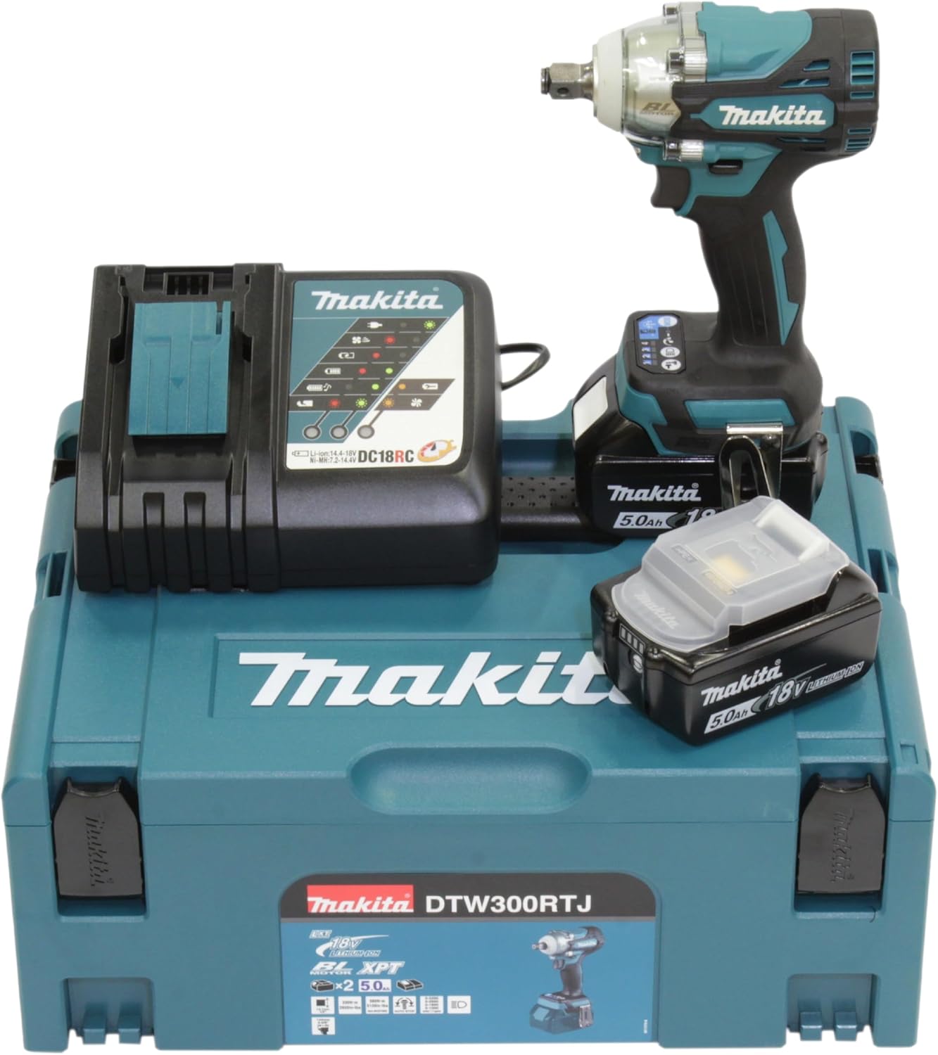 Makita DTW300RTJ Akku-Schlagschrauber 18 V Tisch, 2 Akkus + Ladegerät im MAKPAC, Schallleistungspegel (LWA) 108 dB(A), 5, 0 Ah, Schwarz/Blau