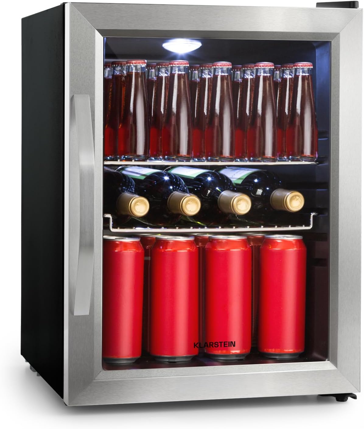 Klarstein Mini Kühlschrank Glastür, Getränkekühlschrank, 33 Liter, 33 L, Indoor/Outdoor Kühlschrank Leise, Edelstahl, für Zimmer, Schwarz/Silber
