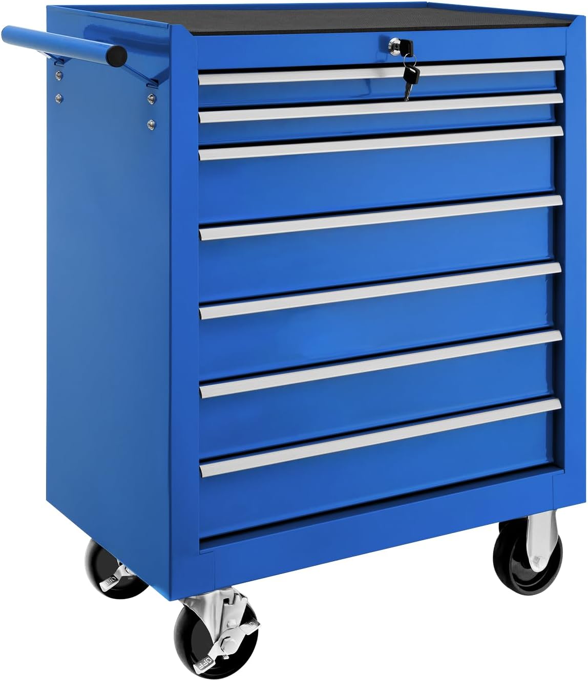 Tectake Werkzeugwagen, Inkl. 2 Schlüssel, 69 × 33 × 79 cm, Blau, Rollende Werkstatt, Werkzeugwagen leer, Werkzeugbox, 7 Schubfächer