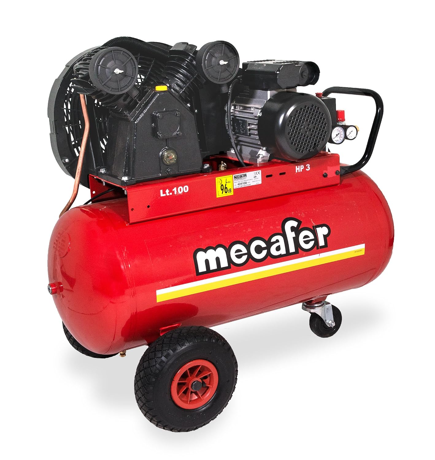 Mecafer 425316 fahrbarer Kompressor, 2-Zylinder-V-Pumpe, 3 PS/2, 2 kW, 9 bar, 360 l/min, 100 L, Riemenantrieb, l-Kessel, Rot/Schwarz