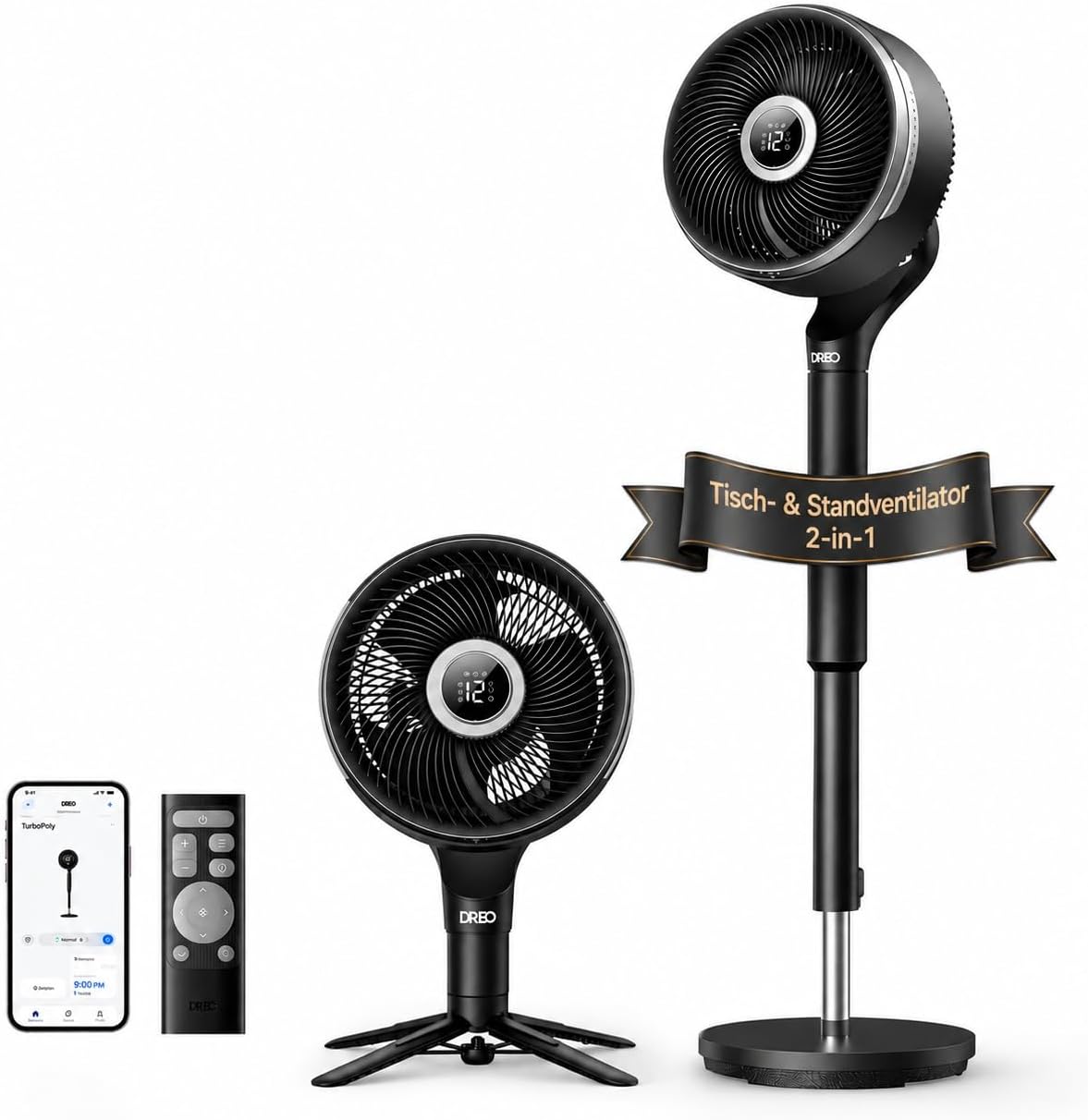 DREO Smart-Ventilator fürs Schlafzimmer, 36,6 m CirculAir-Reichweite, 20 dB, Standventilator, 150°+100° omnidirektionaler Oszillation, Leiser DC-Motor