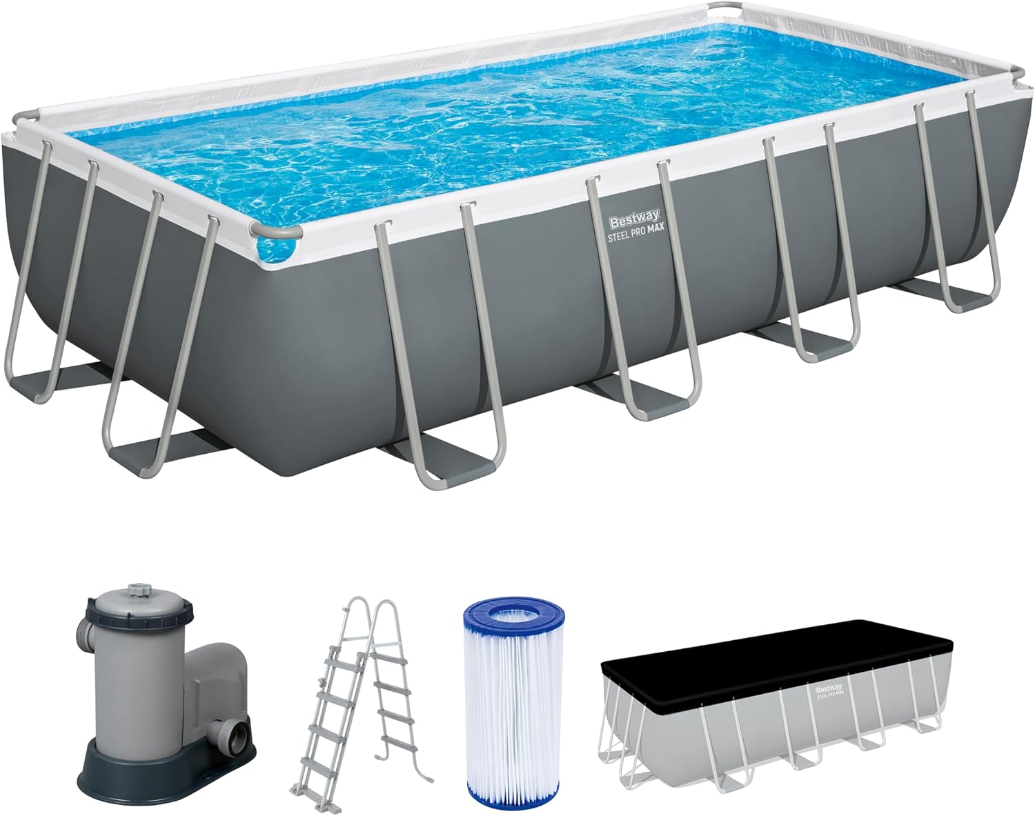 Bestway Aufstellpool-Set Stahlrahmenpool, 549 × 274 × 122 cm, 812 l, Tritech-Folie, Leiter und Abdeckung, Dunkelgrau, Filterpumpe