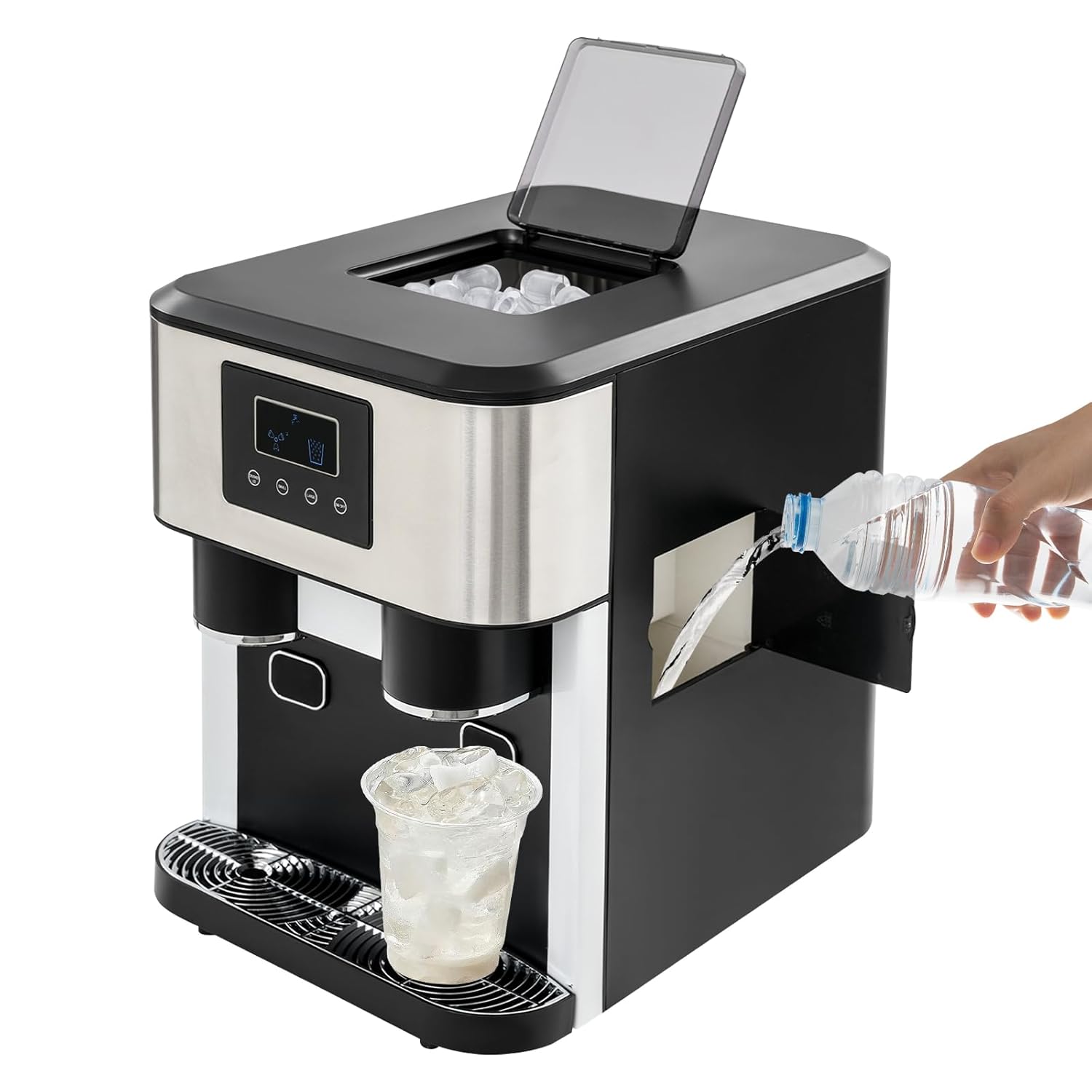 TTISJHK 3-in-1 Eiswürfelmaschine mit Wasser- und Eiswürfelspender, schnelle Eisproduktion in 7-9 Min, 16 Kugel-Eiswürfel pro Zyklus, Edelstahl/ABS