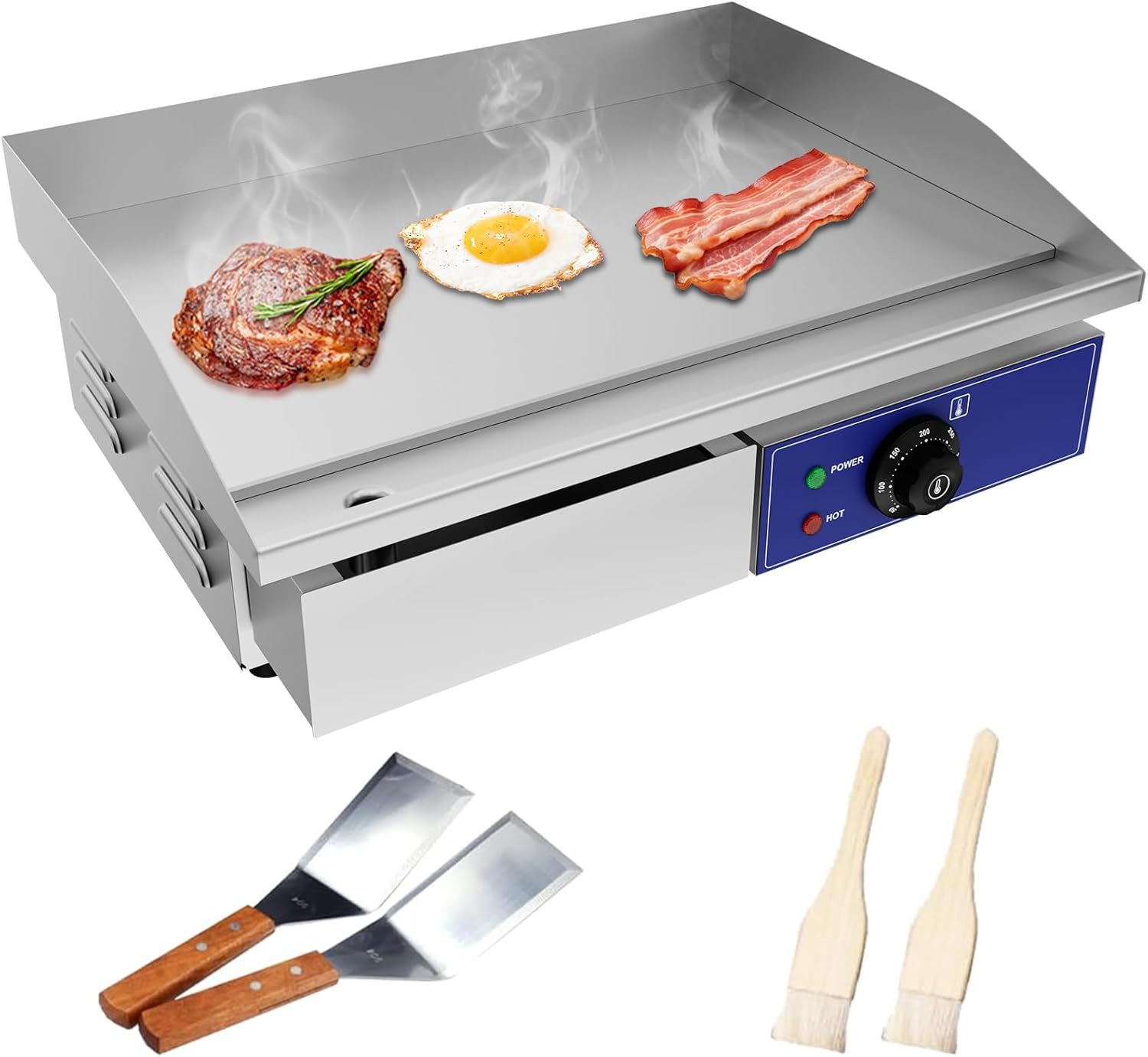 TAIMIKO Elektrische Grillplatte, 55 × 35,5 cm, 3000 W, Mit Thermostat Und Abnehmbarer Saftwanne, Professionell, 2 Kochzonen, Kommerziell, Edelstahl