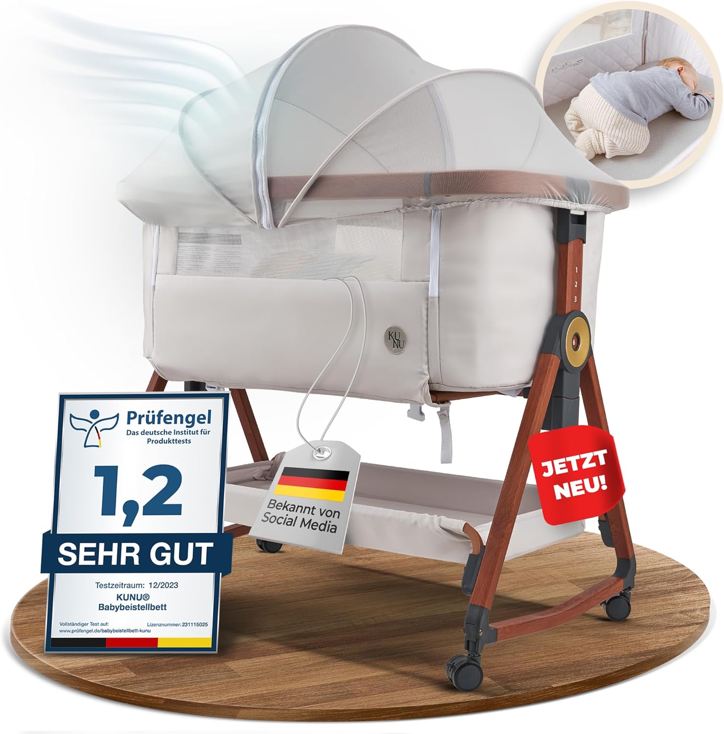 KUNU Babybett, Sicheres Reisebett inkl Reisetasche, Beistellbett Baby mit Rollen für Boxspringbett, 3 in 1 rollbares Baby Bett Reise Babywiege