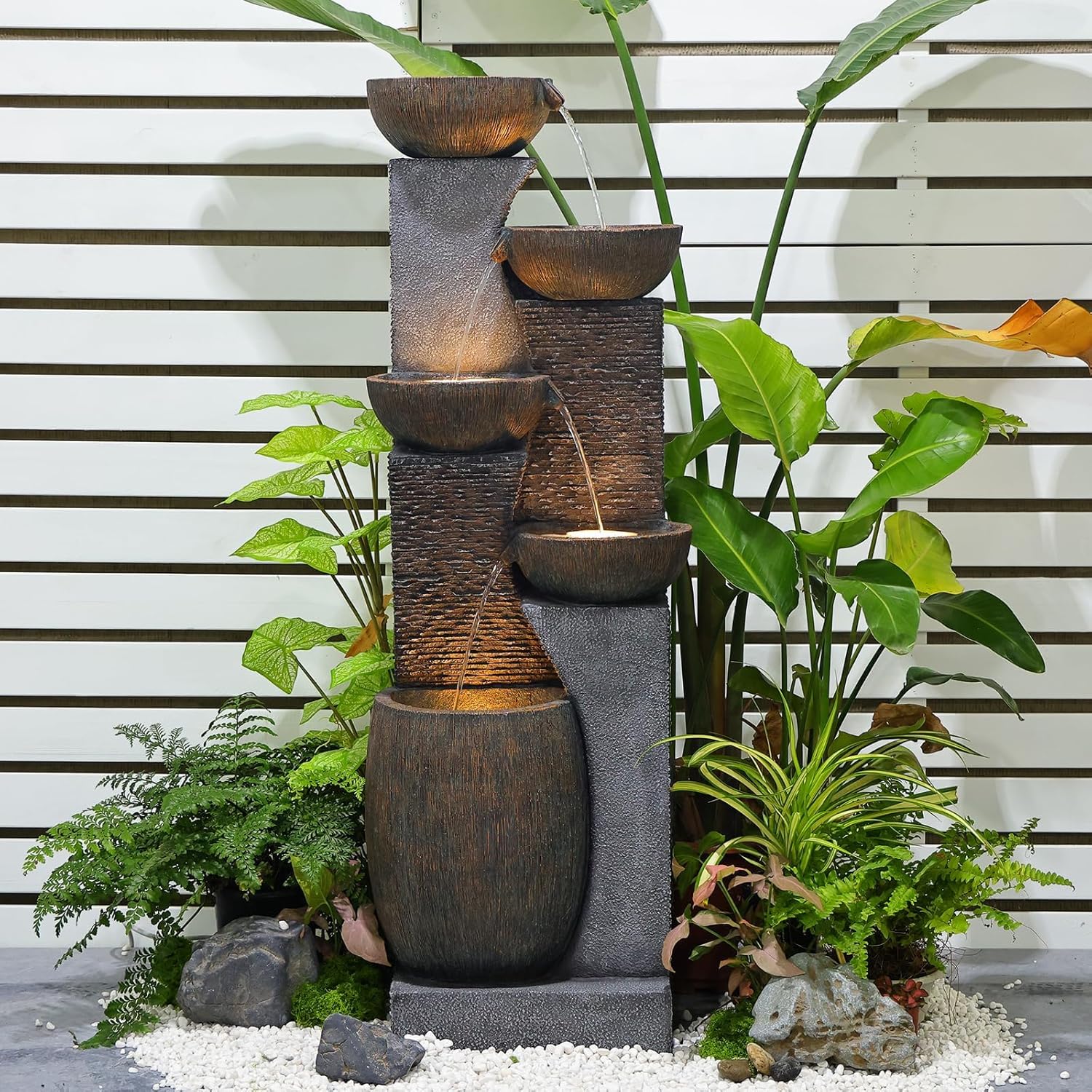 Bumilgar 130 cm Großer Gartenbrunnen Springbrunnen für Außen mit LED Beleuchtung, Grau, 5-stufiger Wasserspiel Wasserfall Brunnen für Garten, Balkon