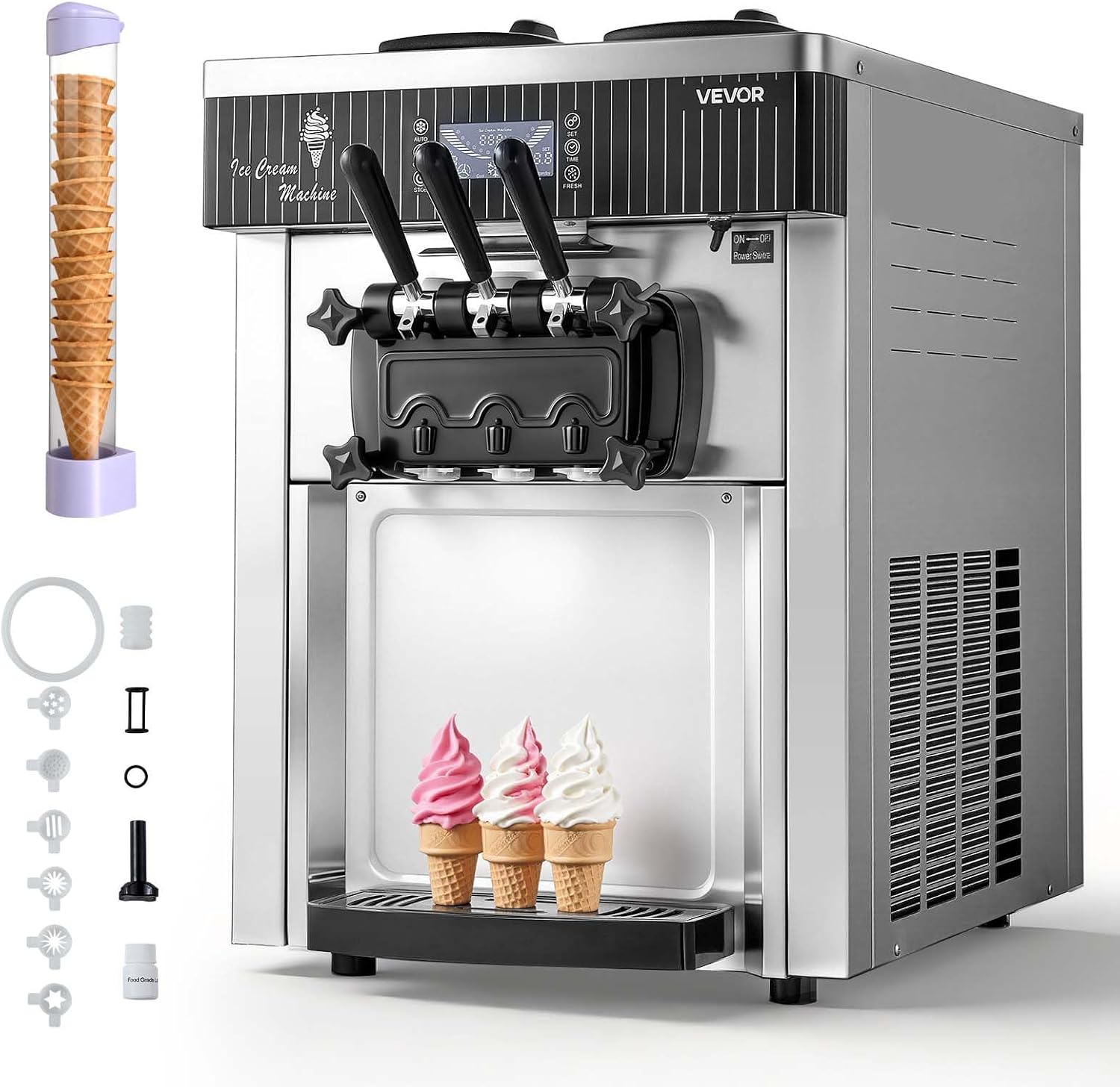 VEVOR Gewerbliche Eismaschine 20-28 l/h Leistung, Softeismaschine 2200 W lmit 2 x Behältern, 6 l, Selbstreinigung und LED-Display, Silber, Vorkühlung