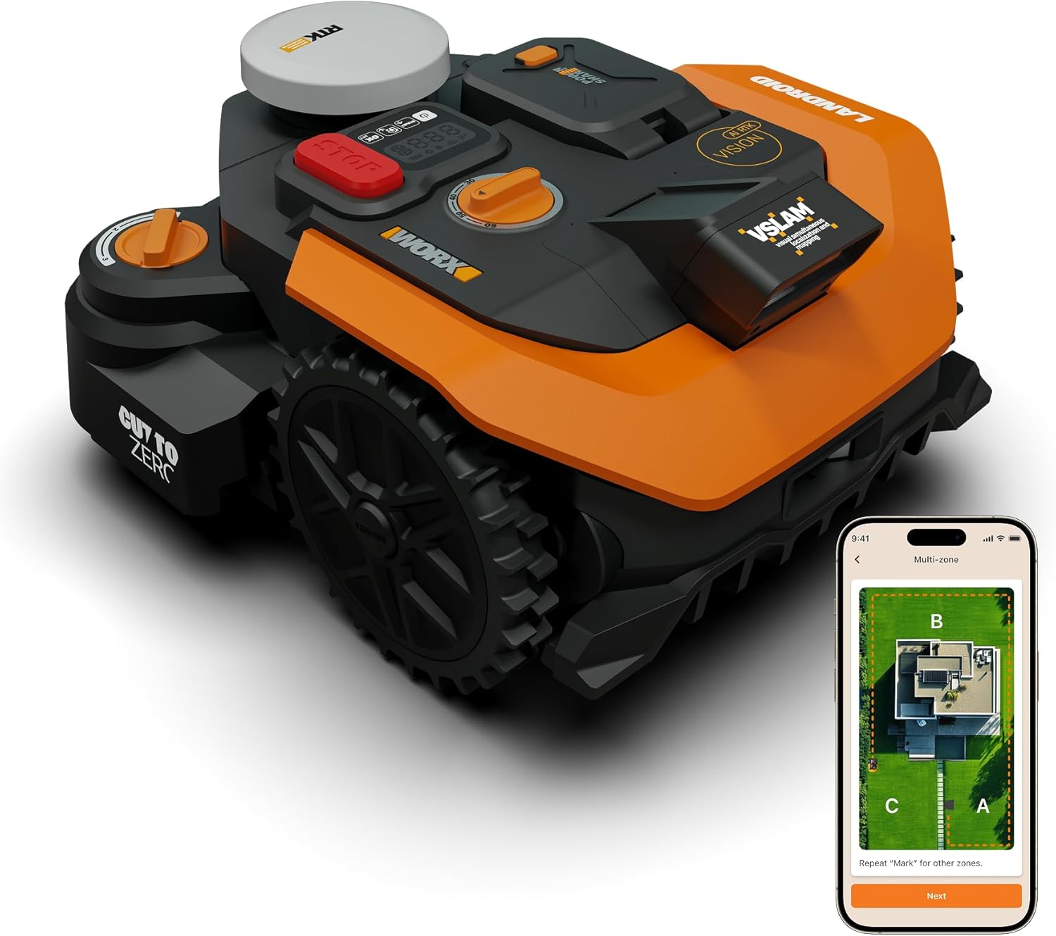 WORX Landroid Vision Cloud WR308E 2WD Mähroboter ohne Begrenzungskabel für 800 m2, KI-Hinderniserkennung, VSLAM+ RTK Cloud Navigation, Auto-Mapping
