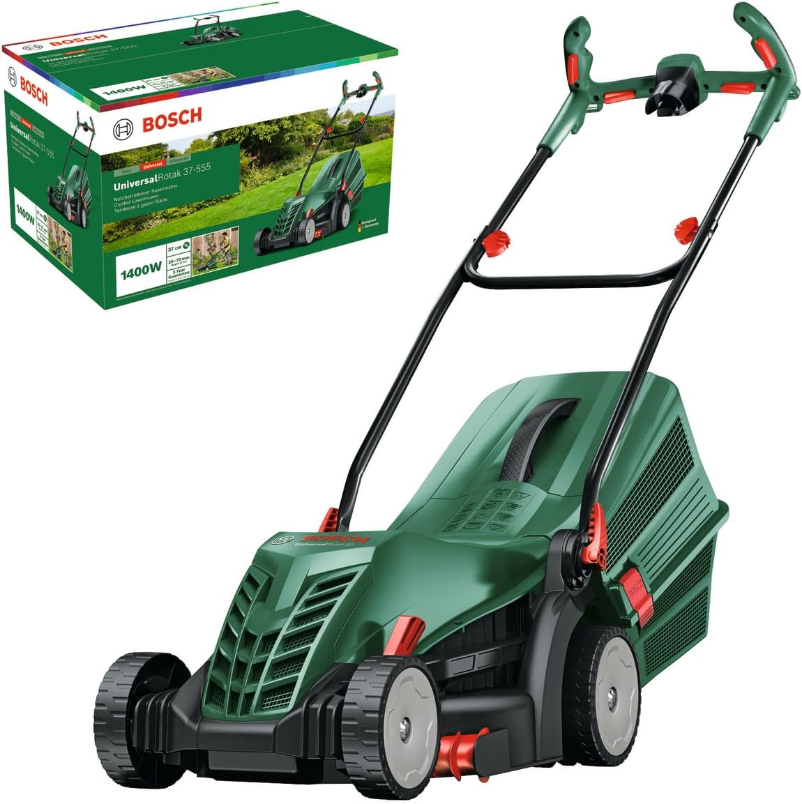 Bosch kabelgebundener Rasenmäher UniversalRotak 37-555, Schnittbreite: 37 cm, 1400-W-Motor, 40-Liter-Grasfangkorb, Ergoflex-Handgriffe