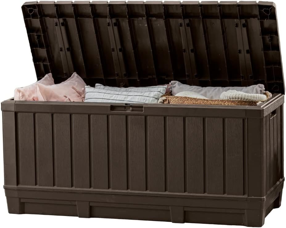 Keter Kentwood 92 Gallon Resin Deck Box-Organization and Storage for Patio Furniture Outdoor Cushions, Throw Pillows, Garden Tools and Pool Floats