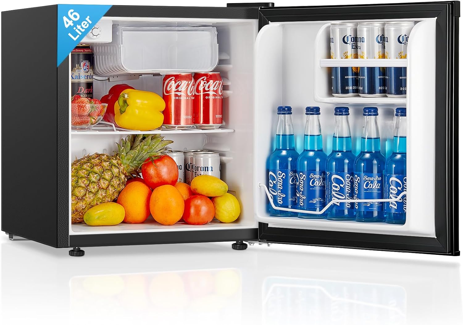 FOHERE Mini Kühlschrank 46 l, Schwarz, Kleiner Kühlschrank mit 7-Stufige Kühlung, Wechselbarer Türanschlag & Verstellbare Füße, Für Hotel, Büro