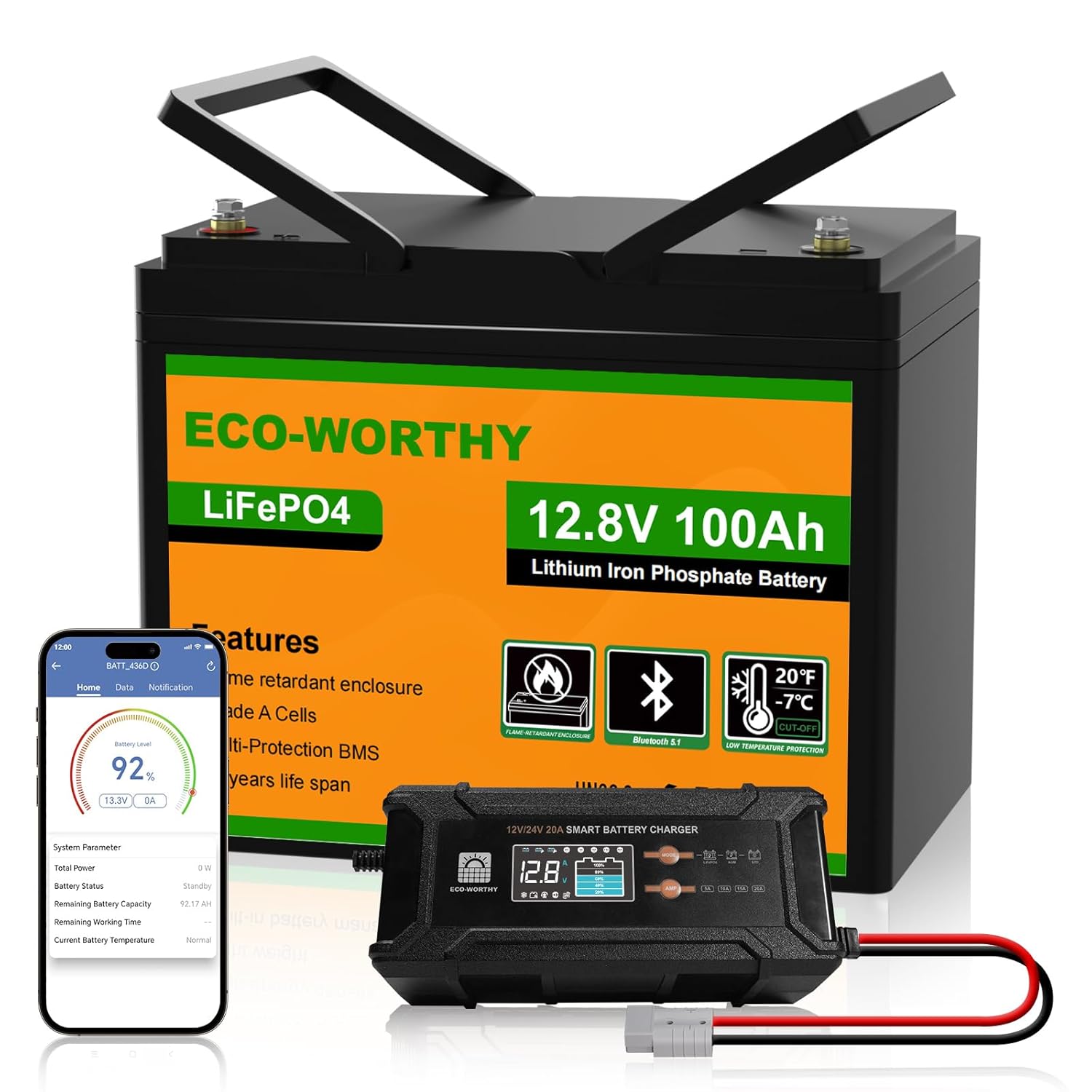 ECO-WORTHY 12 V 100 Ah LiFePO4 Bluetooth mit 12/24 V 20A Ladegeräte, Lithiumbatterie 12 V 100 AH mit BMS Low Temperature Schutz für Wohnmobil, Boot