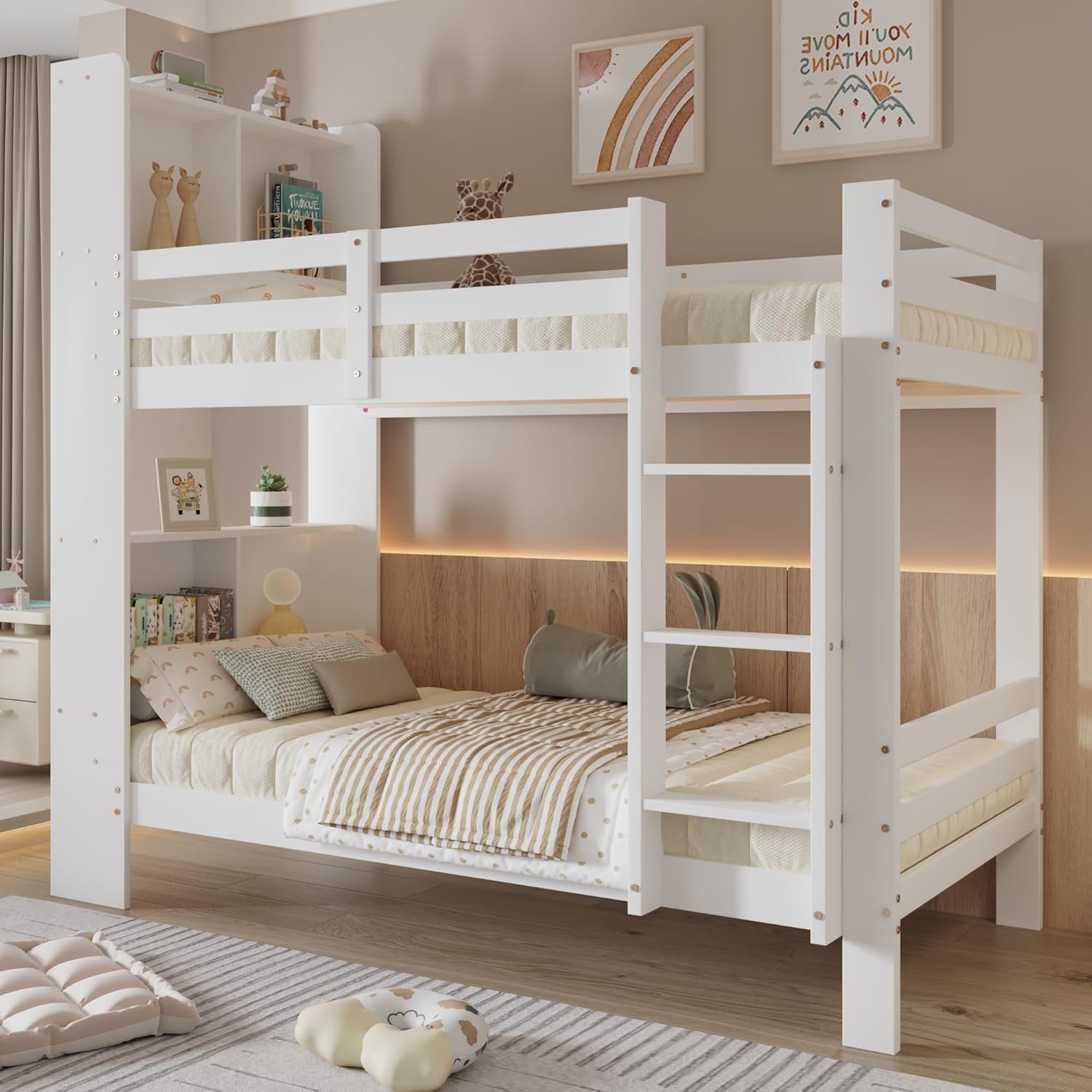 TZCIN Bett Kinder 90 × 200 mit Regalen und Leiter , Funktionsbett Etagenbett für 2 Kinder, 217 × 98 × 173 cm, Jugendbett Bettrahmen aus Massivholz