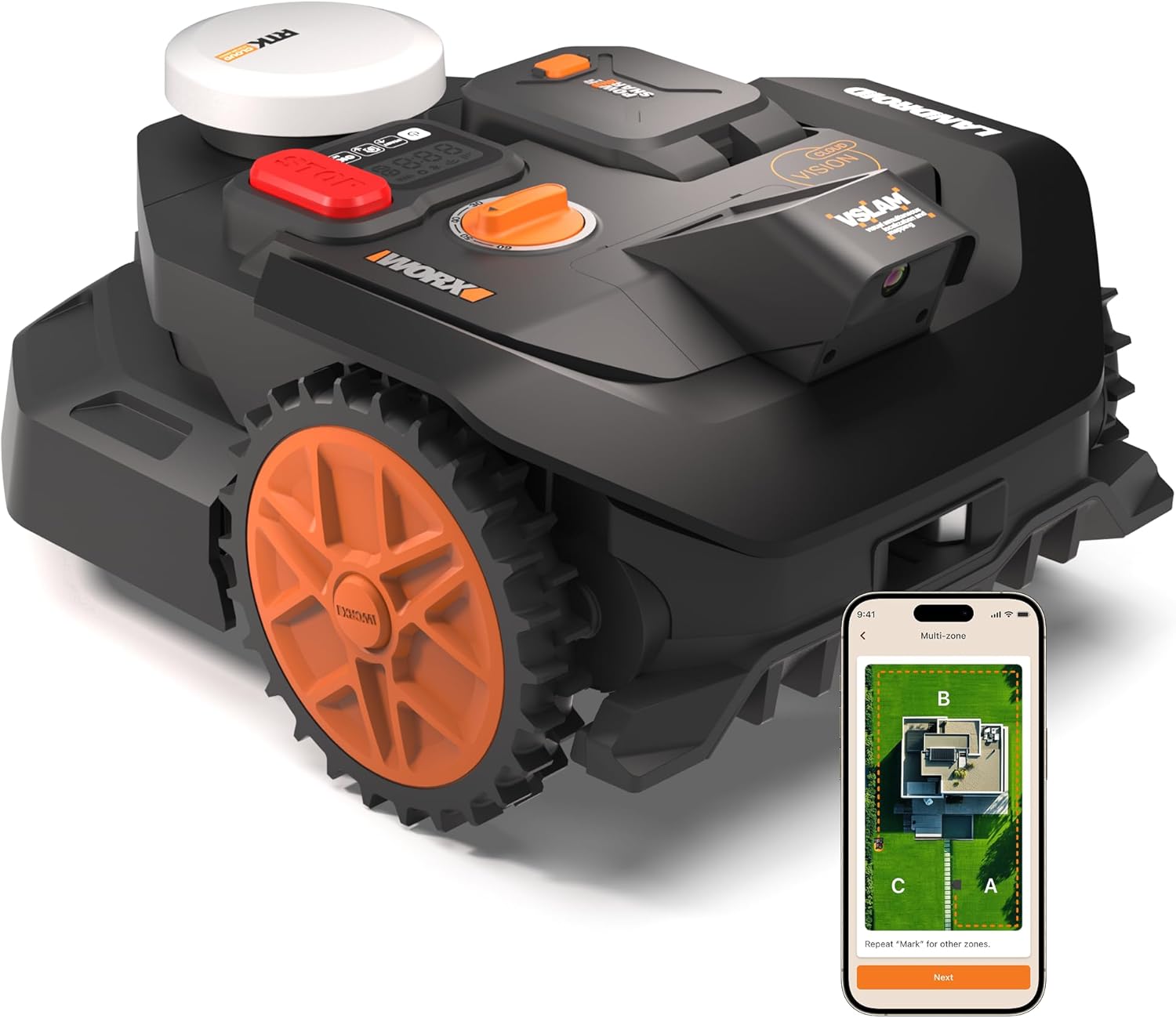WORX Landroid Vision Cloud WR304E 2WD Mähroboter ohne Begrenzungskabel für 400 m2, KI-Hinderniserkennung, VSLAM+ RTK Cloud Navigation, Auto-Mapping
