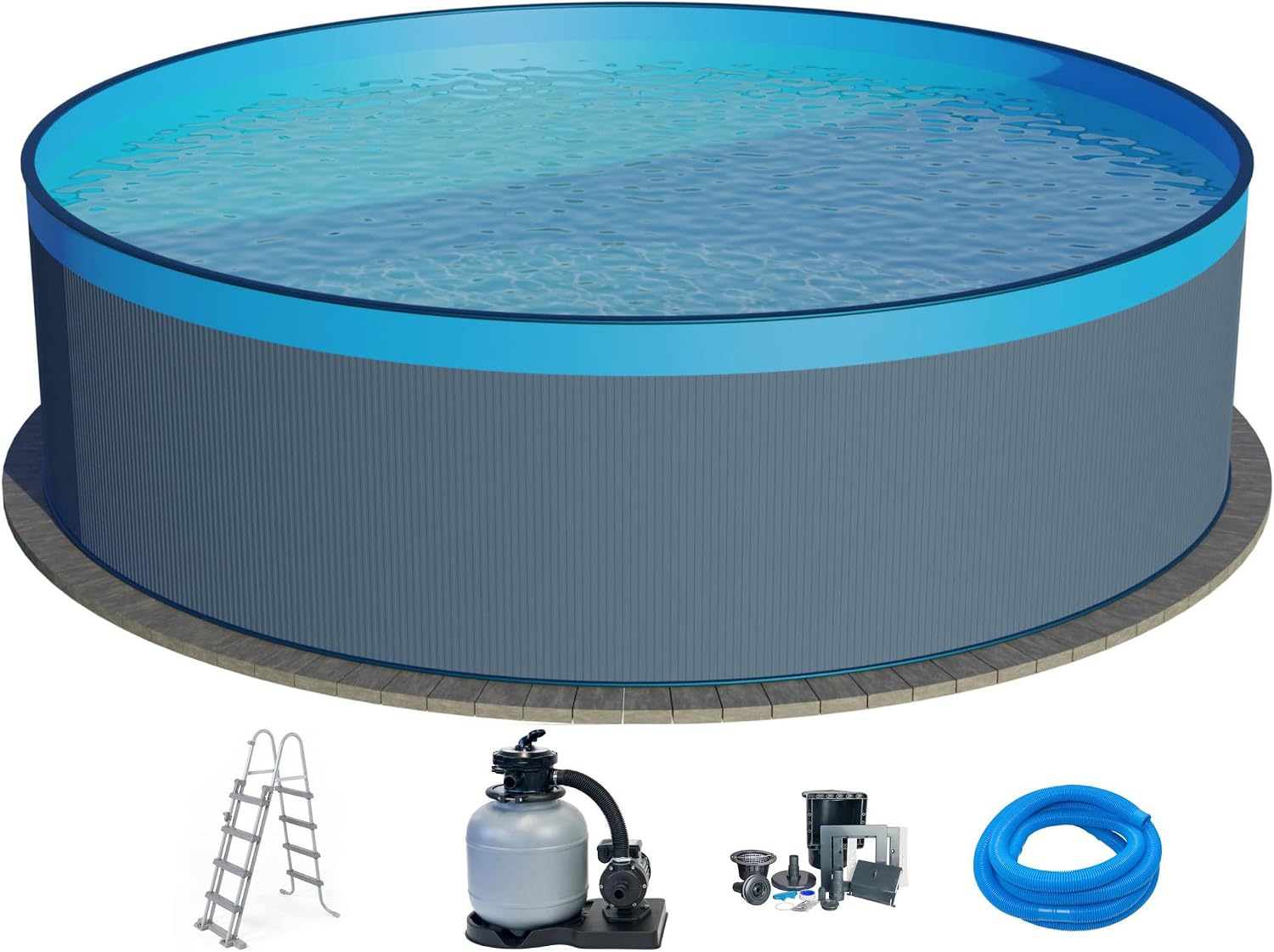 Planet Pool Stahlwandpool Set, Folie 0,3 mm blau, Rund 450 × 120 cm, Stahl 0,4 mm anthrazit, 5-teilig, Overlap