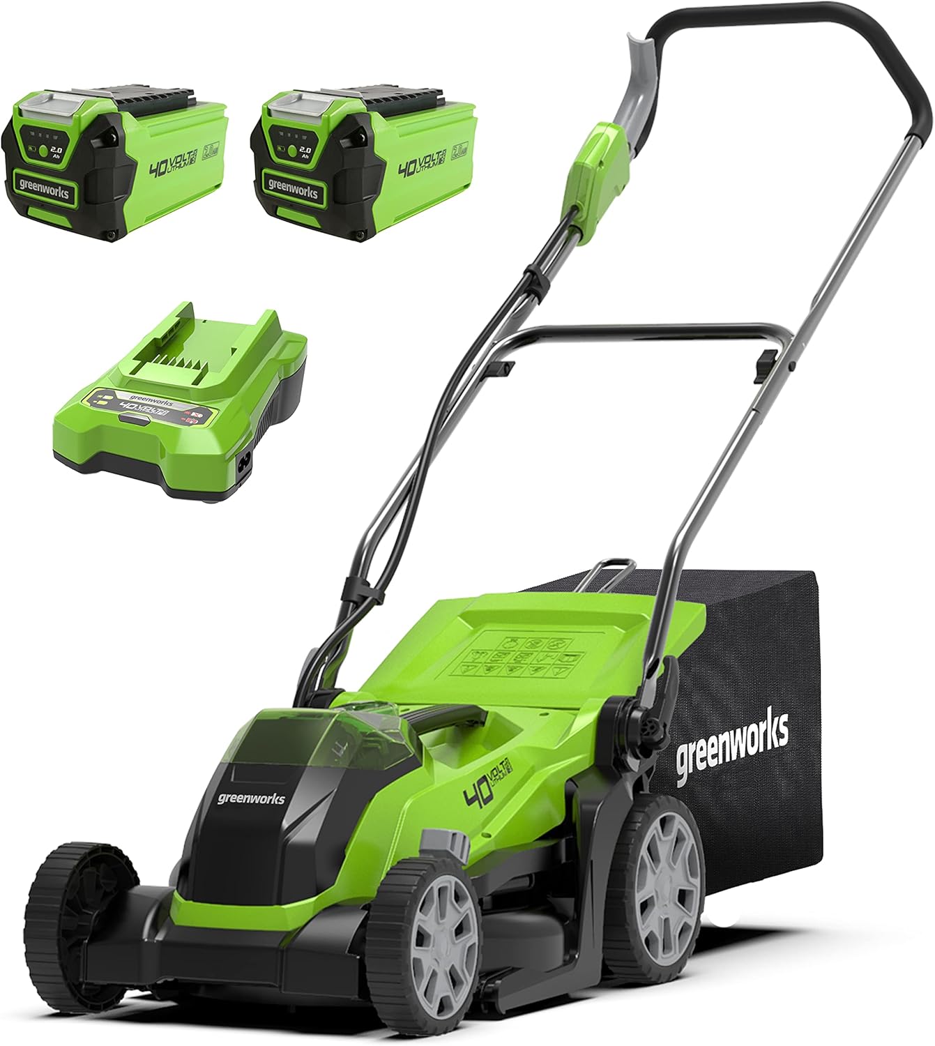 Greenworks 40 V Kabelloser Akku Rasenmäher für Flächen bis zu 400 m2,35 cm Schnittbreite G40LM35K2X, 3 Jahre Garantie