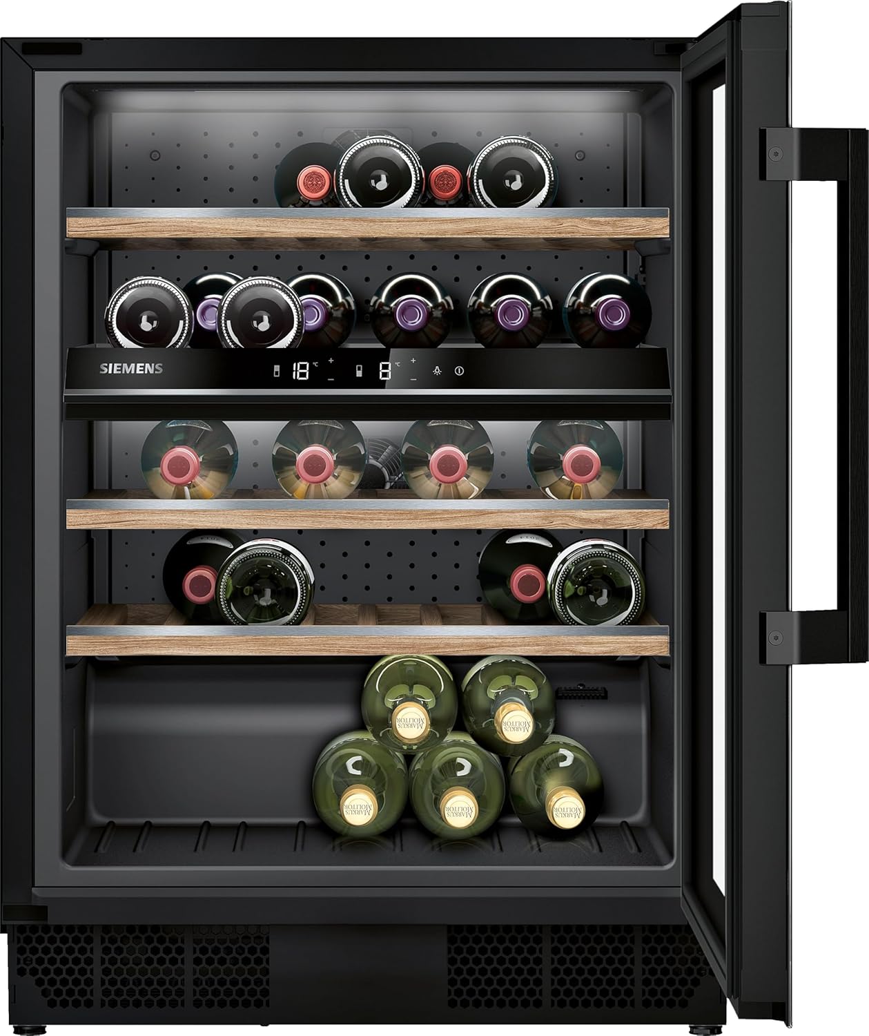 Siemens KU21WAHG0 iQ500 Weinkühlschrank, 82 × 60 cm, Temperatur: 5-20 °C, 120 l, 44 Flaschen, Zwei separat gesteuerte Temperaturzonen