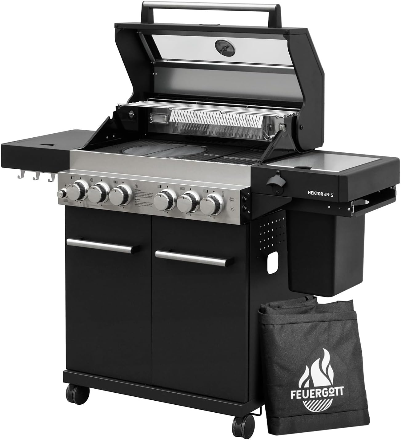 FEUERGOTT Gasgrill Hektor 4B-S Edelstahl Gasgrillstation 4 Brenner, Seitenkocher und Kochplatte Inkl. Abdeckhaube für Garten, Infrarot Sear-Brenner