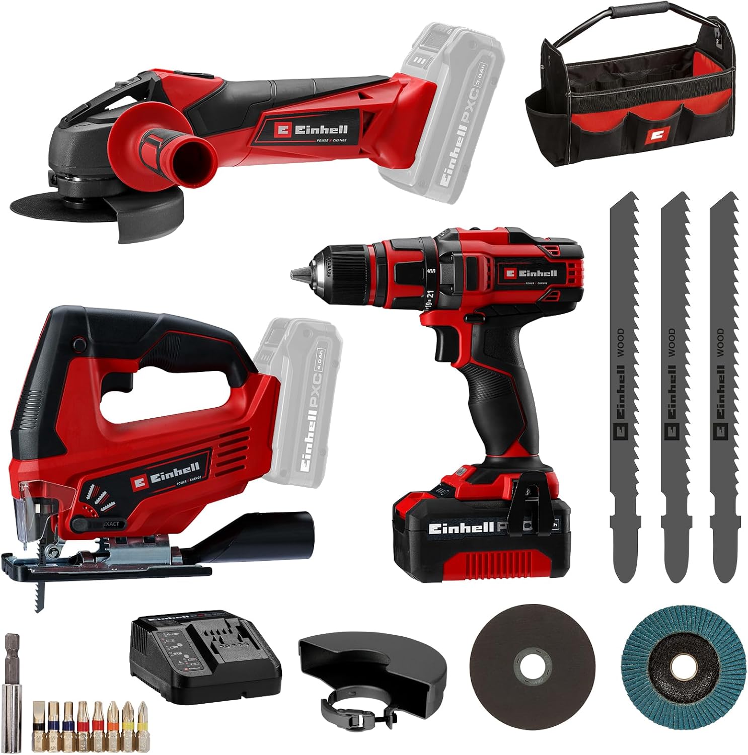 Einhell Bohrschrauber TE-CD 18/40 Li + Winkelschleifer TC-AG 18/115 Li + Stichsäge TC-JS 18 Li Power X-Change, Inkl. 1 × 4,0 Ah Akku, 18 V, Ladegerät