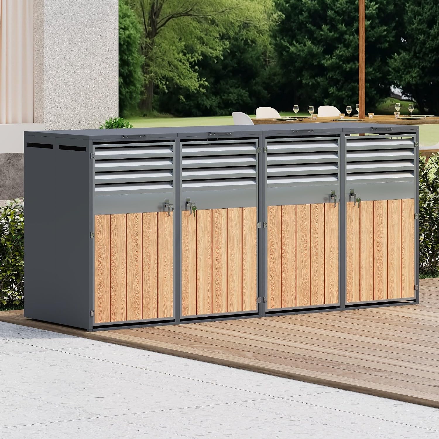 RAPRAP Mülltonnenbox 4Er für 4 Mülltonne Bis 240L mit Klappdeckel Schrank, 4 Bin, Grau/Holz, Lüftungsöffnung Mit Lamellen, Abschließbar, Zwei Türen