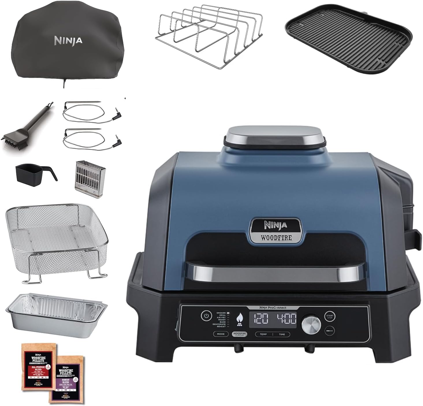 Ninja Woodfire Pro Connect XL Elektrischer BBQ Smoker Grill, Blau & schwarz OG901EUAMZ, App-Steuerung, Digitaler Temperaturfühler, Rippenrost, Deckel