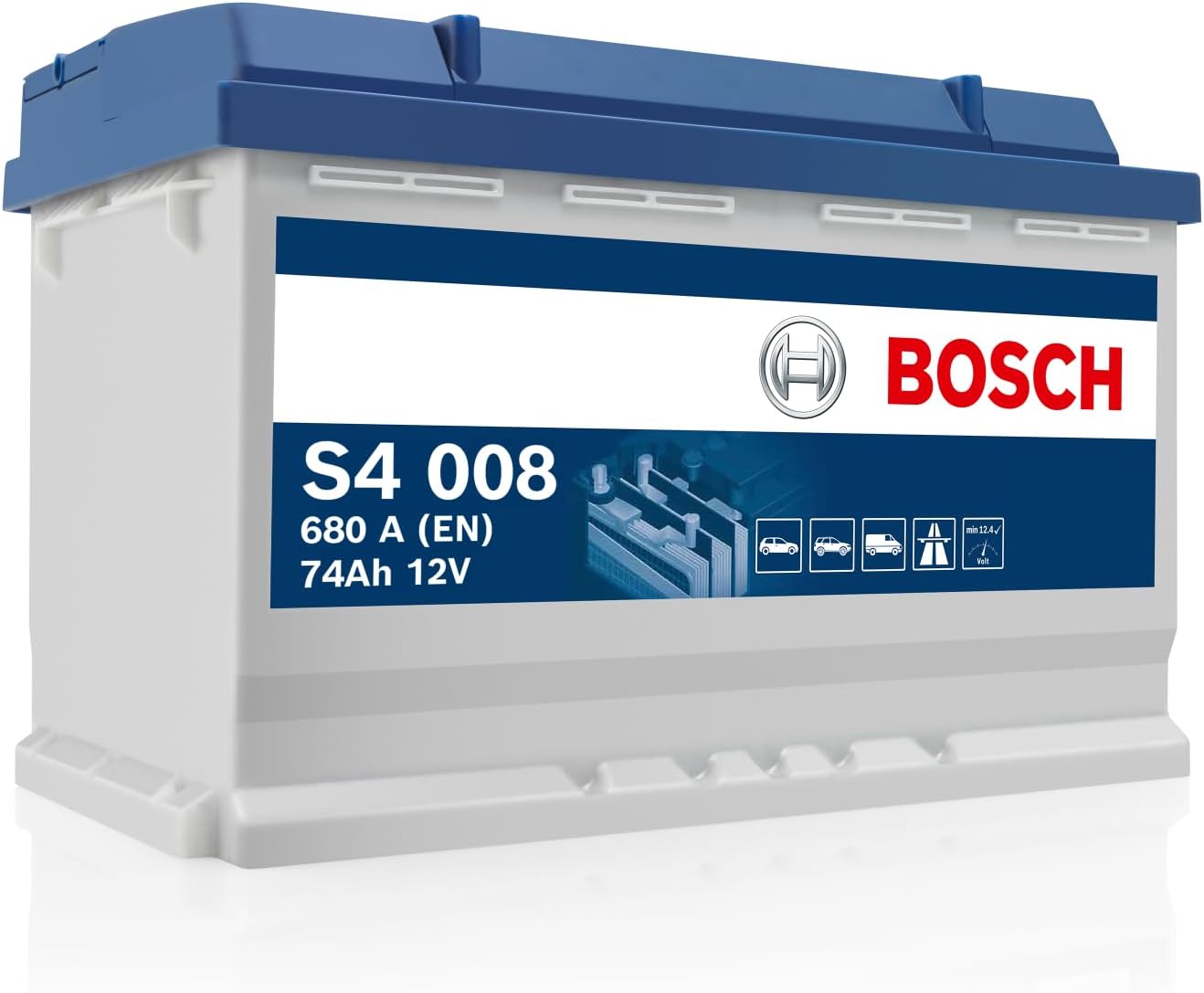 Bosch S4 008 Autobatterie 74 Ah, Blei-Säure-Batterie für Fahrzeuge ohne Start-Stopp-Automatik, 12 V, 278 × 175 × 190 mm, 680 A, Polarität: links