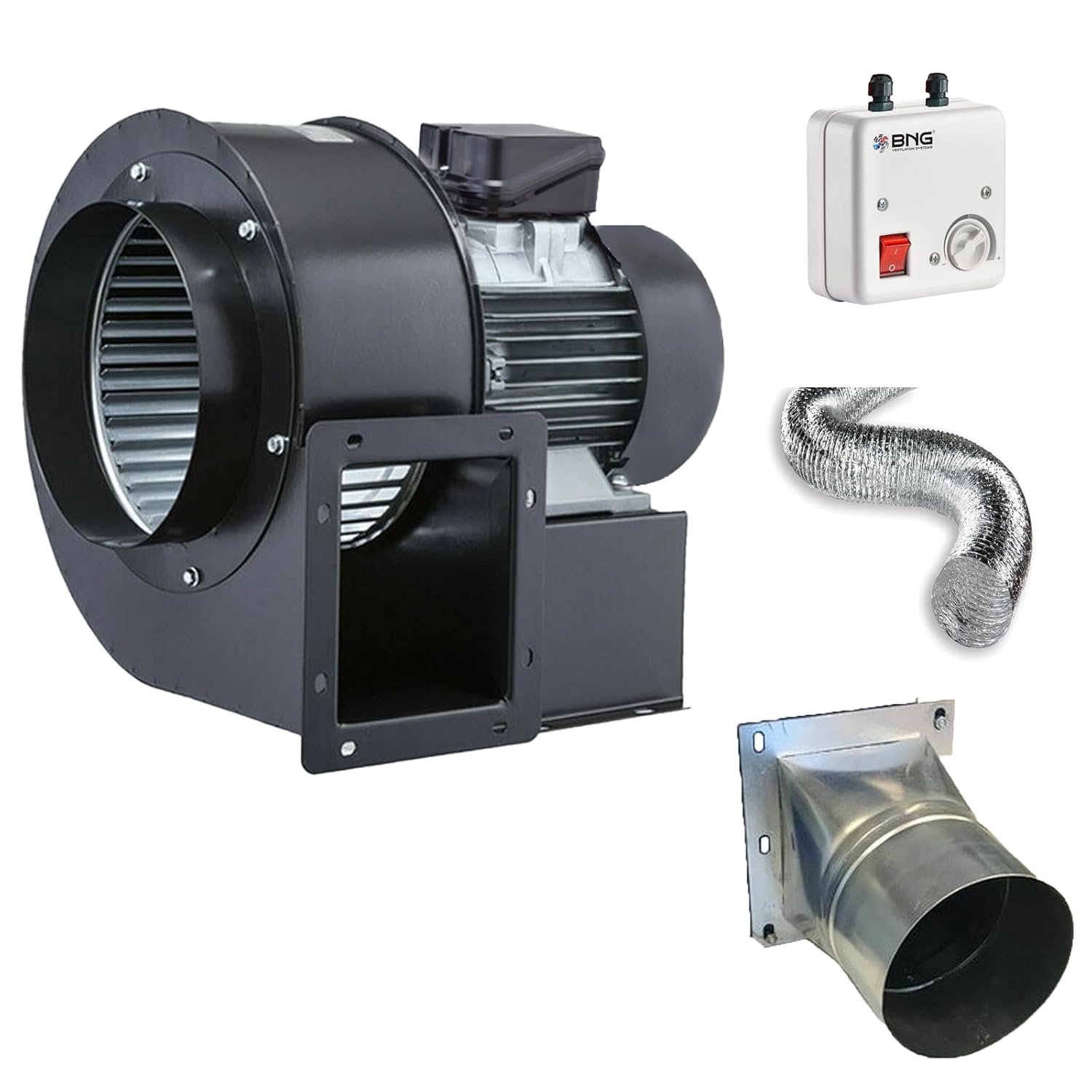 BVN VENTILATION SYSTEMS & ELECTRICAL MOTORS TURBO Zentrifugal Radialventilator Radial Gebläse, Adapter und 5-m-Aluflexrohr, 800 m3/h, 230 V