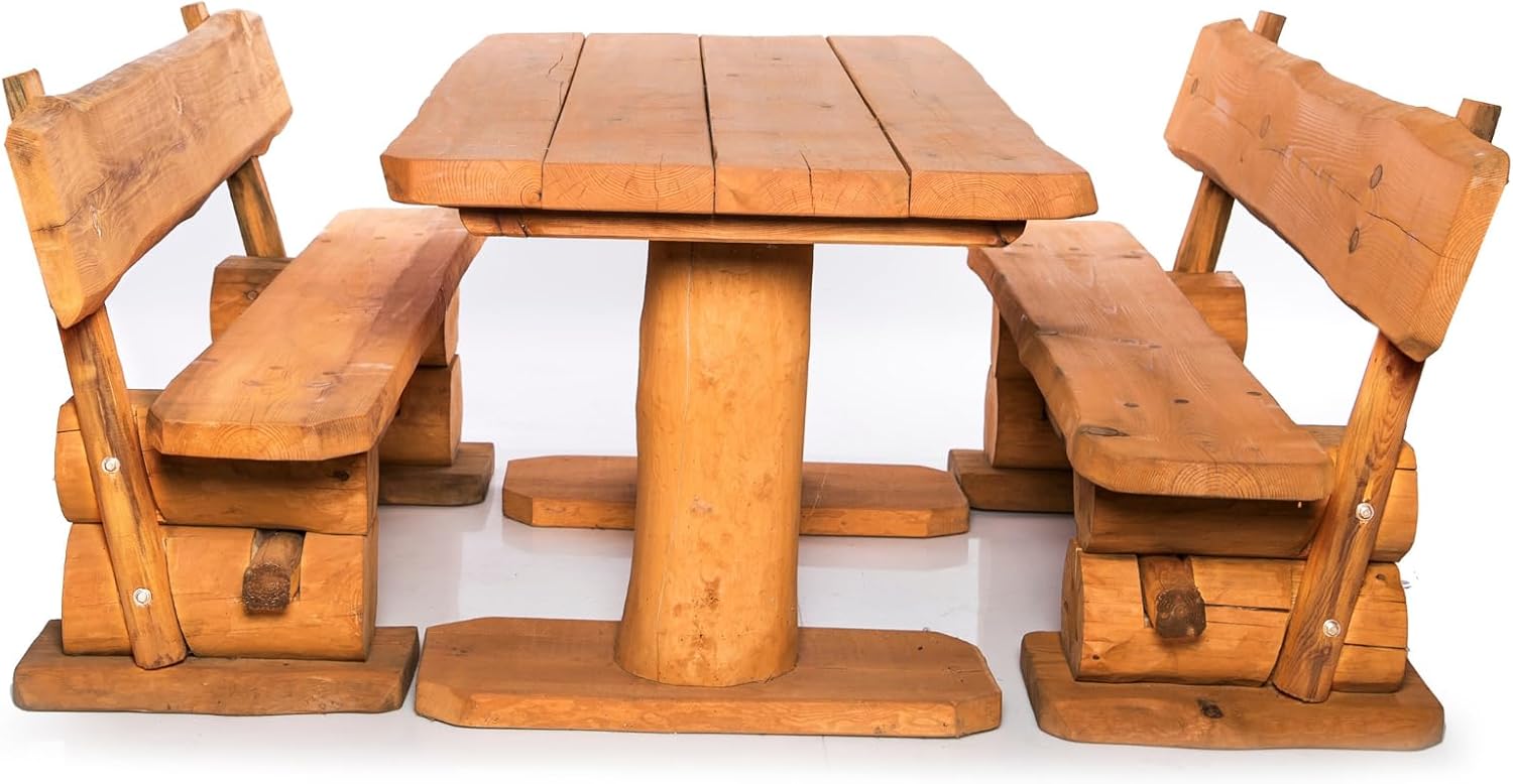 Mega Holz Gartengarnitur Rustikal Pinie Lasiert 200 cm, Aus heimischer Kiefer, Fertig montierte Sitzbank für Terrasse, Garten & Balkon mit Rückenlehne