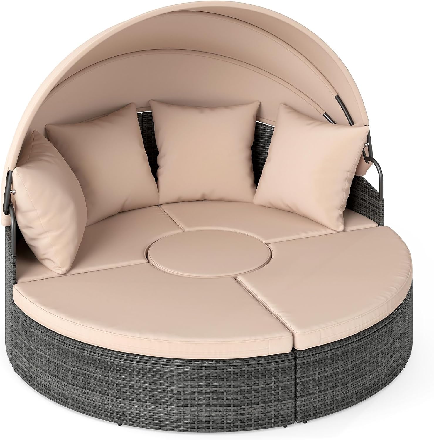 COSTWAY Sonneninsel mit Dach und Tisch, Sonnenliege Rattan für 2 Personen, Gartenliege mit Sitz- und Rückenkissen, Lounge Möbel Outdoor