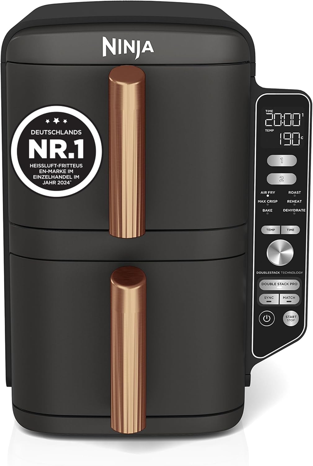 Ninja Double Stack XL Heißluftfritteuse, Schwarz/Kupfer SL400EUCP, 9,5 l Fassungsvermögen, 2 vertikale Schubladen, 4 Kochstufen, 2 Einschübe
