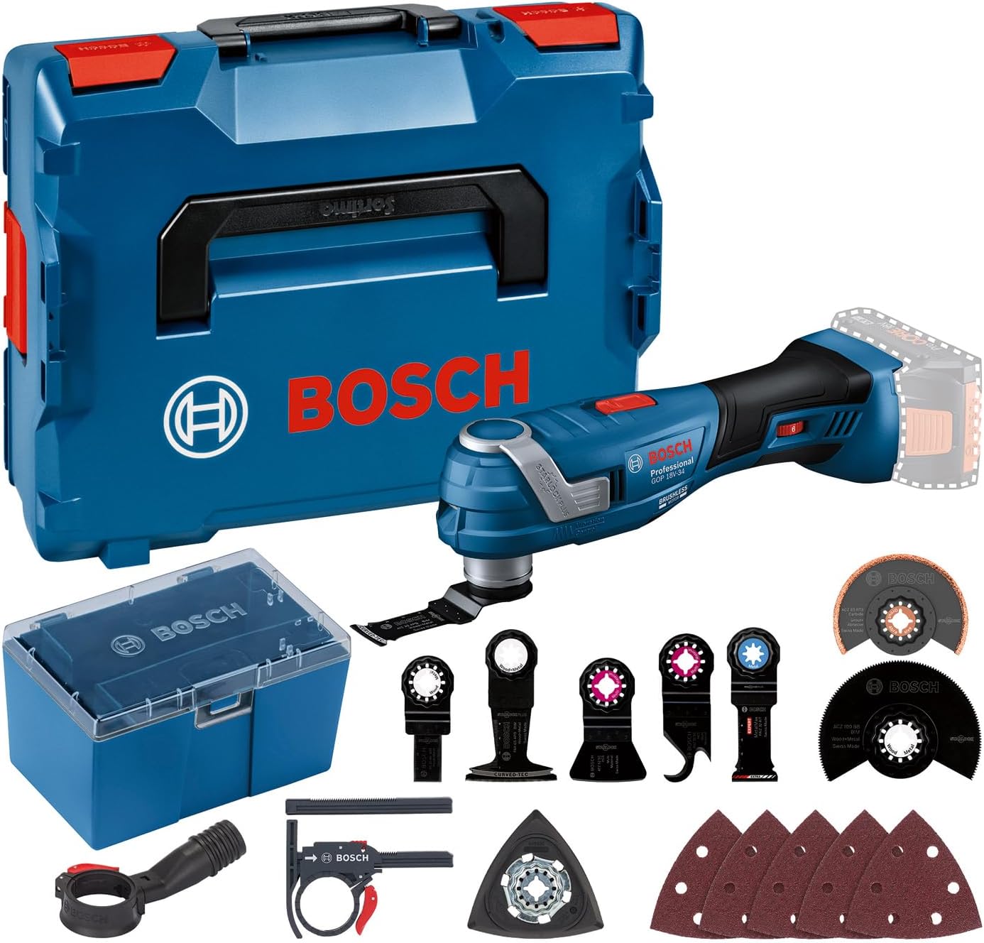 Bosch Professional 18 V System Akku Multi-Cutter GOP 18 V-34, Ohne Akku/ Ladegerät, Inkl. mehrere Sägeblätter, Vibration Control, 1x Schleifplatte
